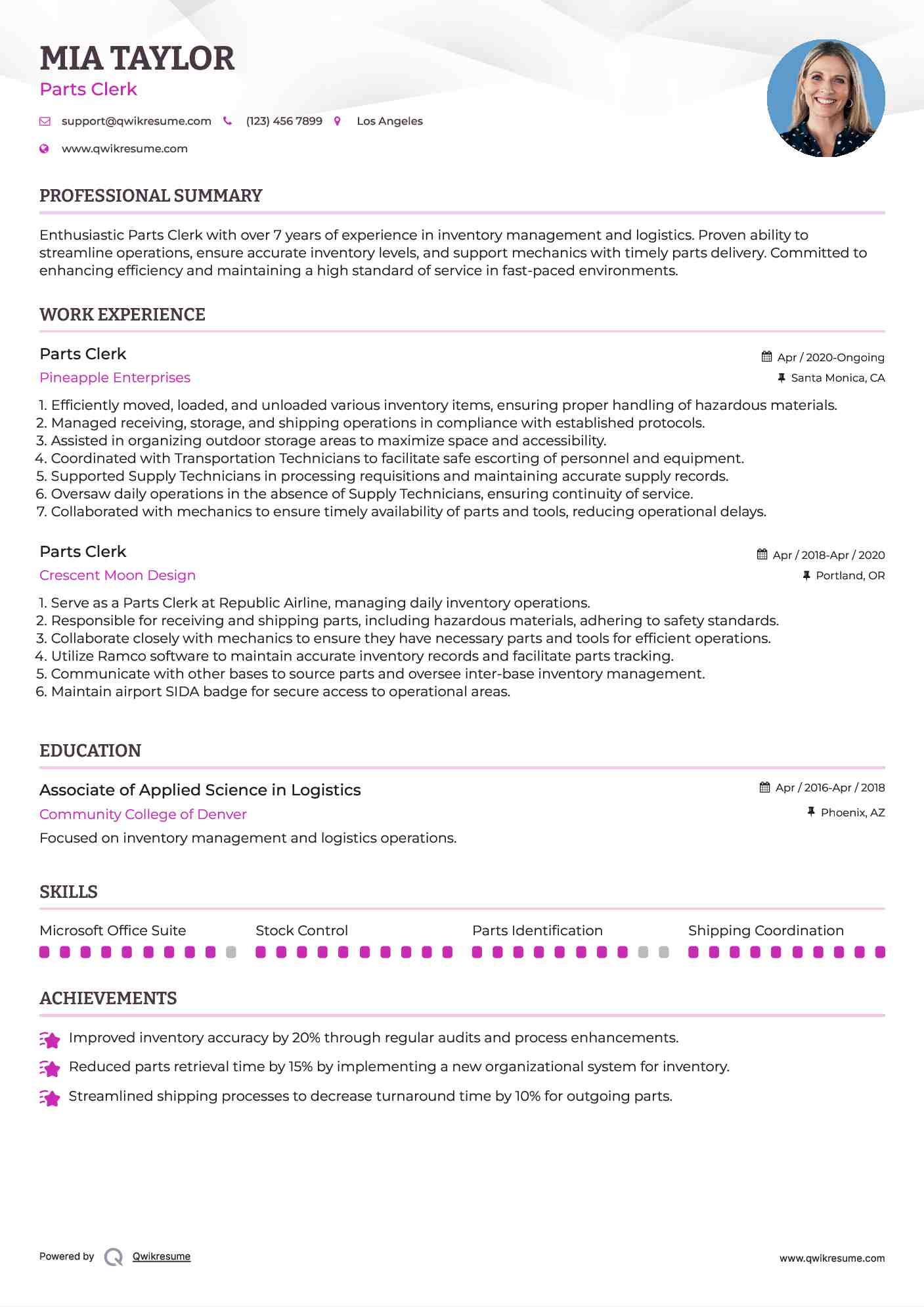 Parts Clerk Resume Template