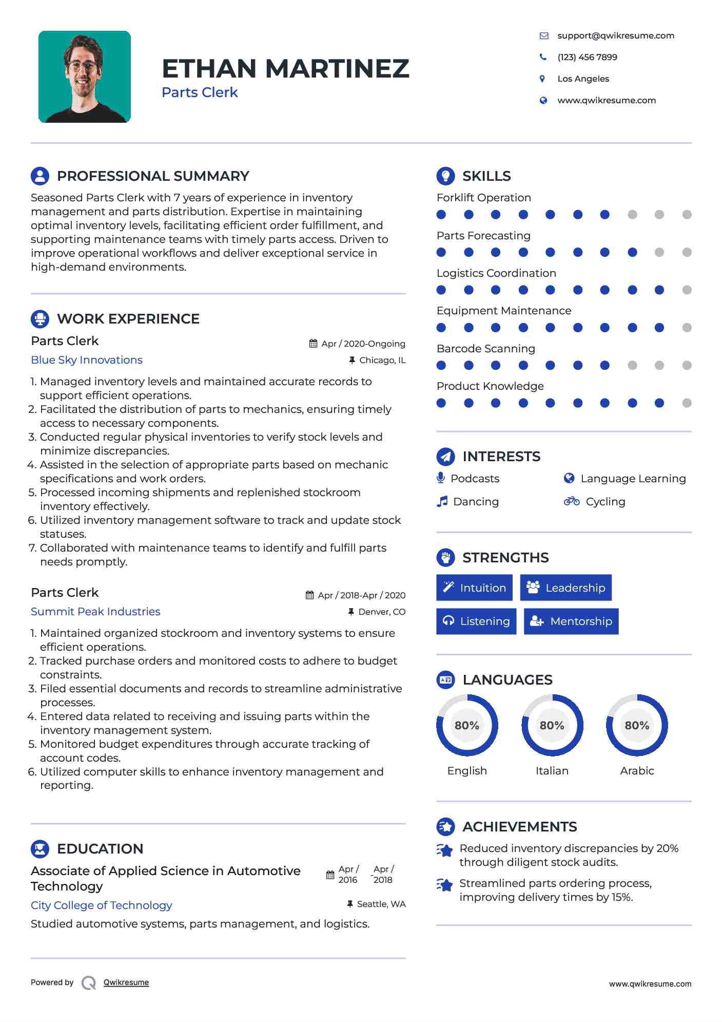 Parts Clerk Resume Model