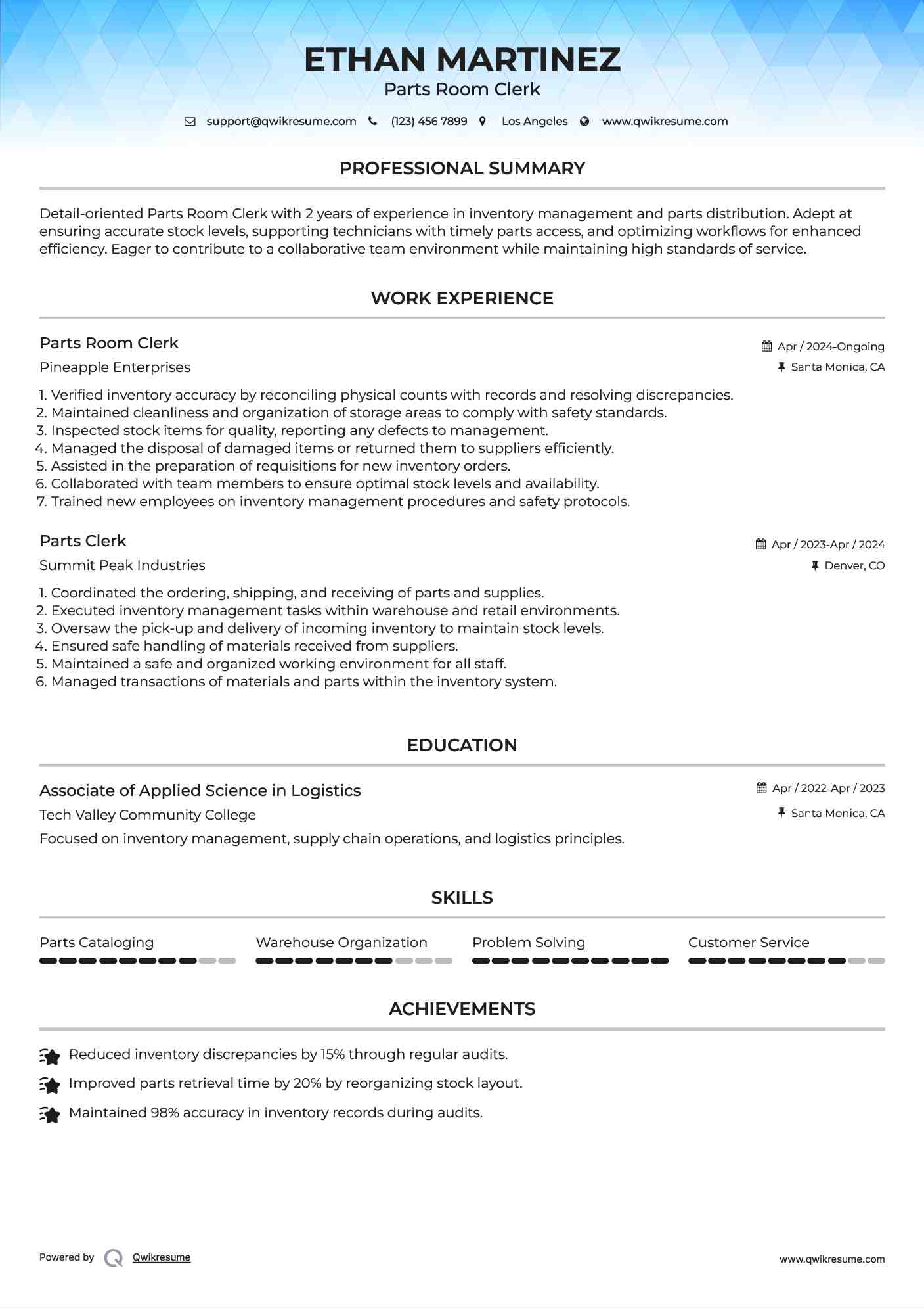 Parts Room Clerk
 Resume Example