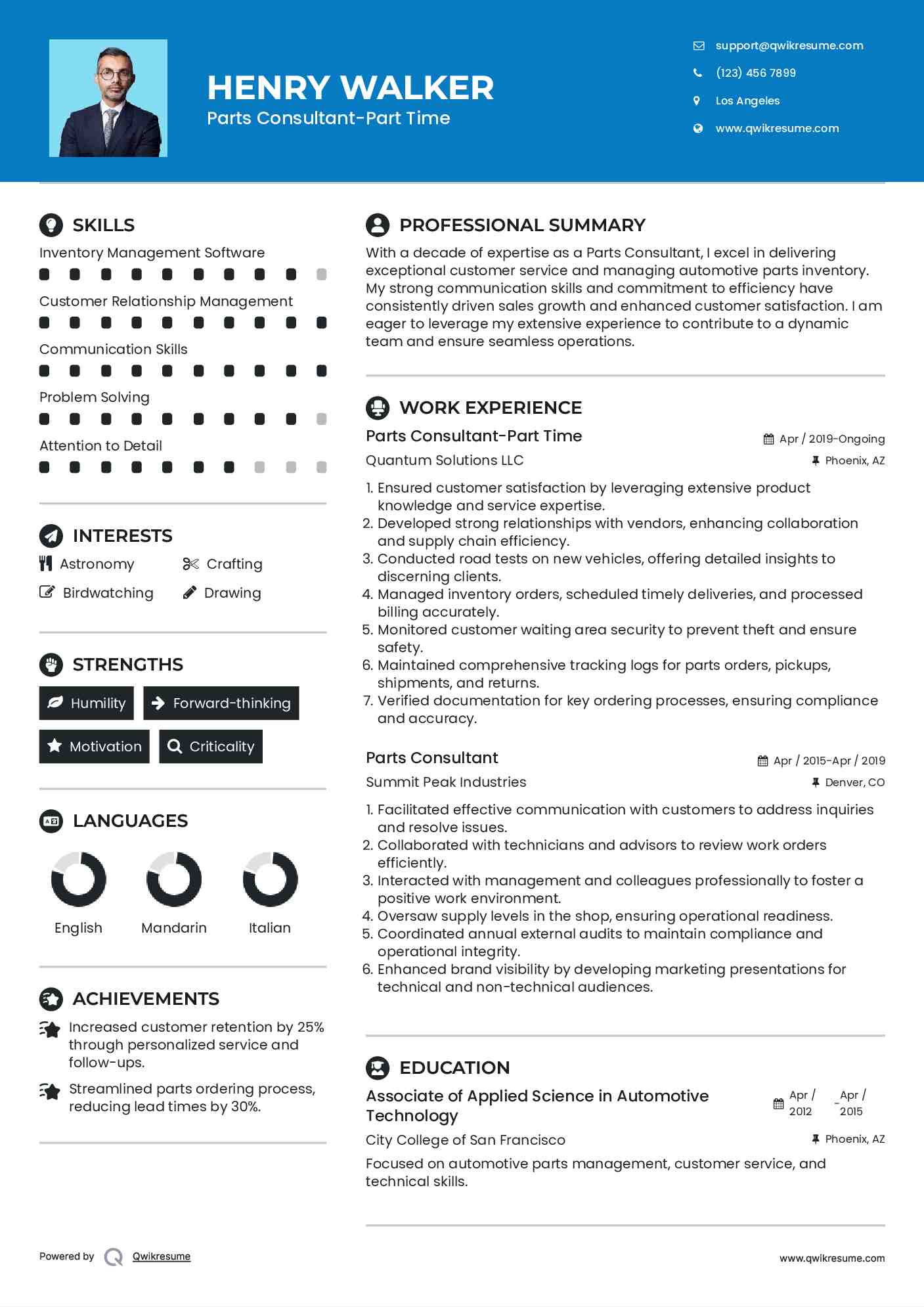 Parts Consultant-Part Time Resume Template