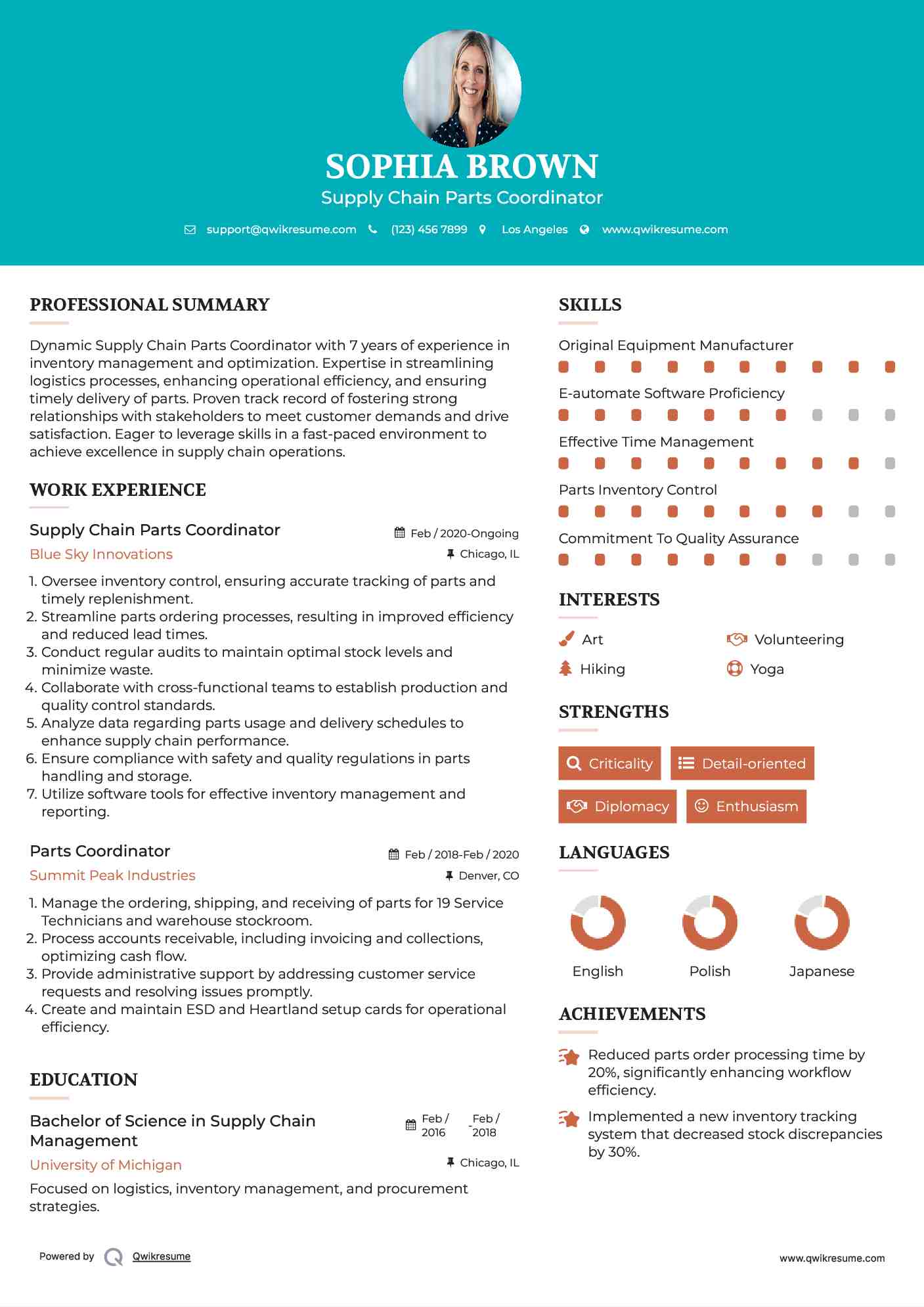 Supply Chain Parts Coordinator Resume Sample