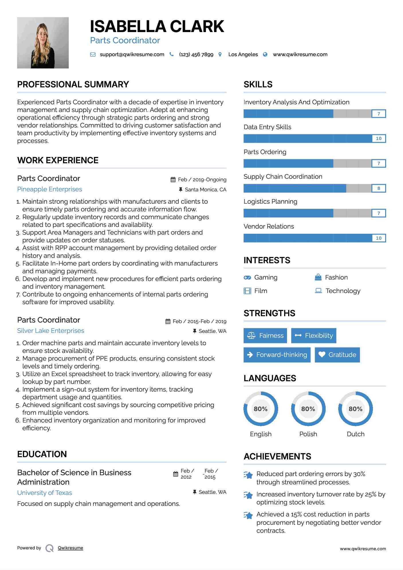 Parts Coordinator Resume Sample