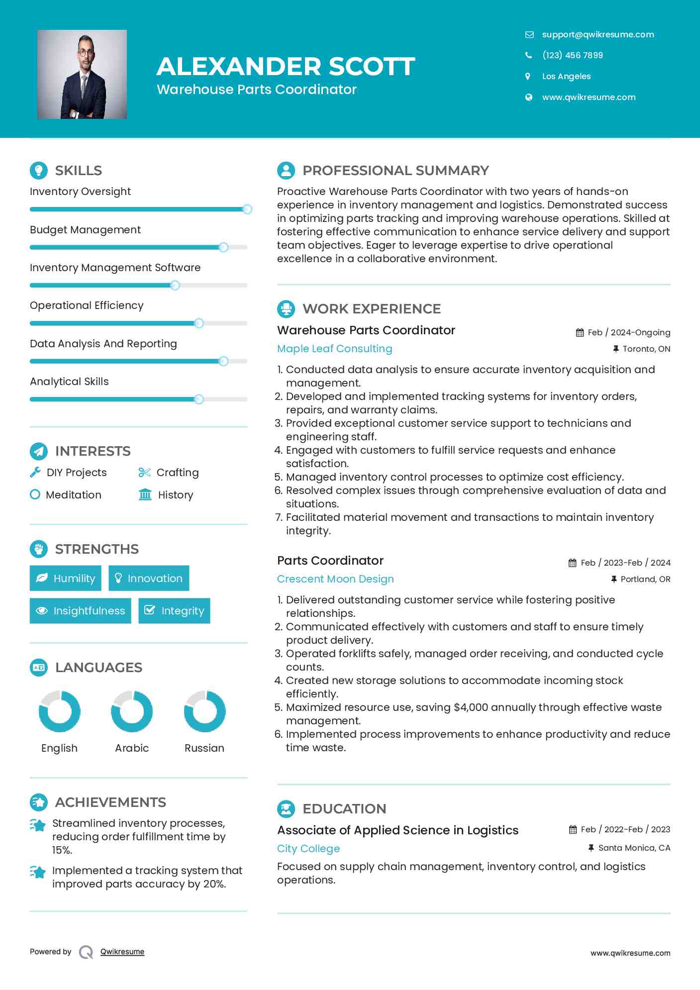 Warehouse Parts Coordinator Resume Template