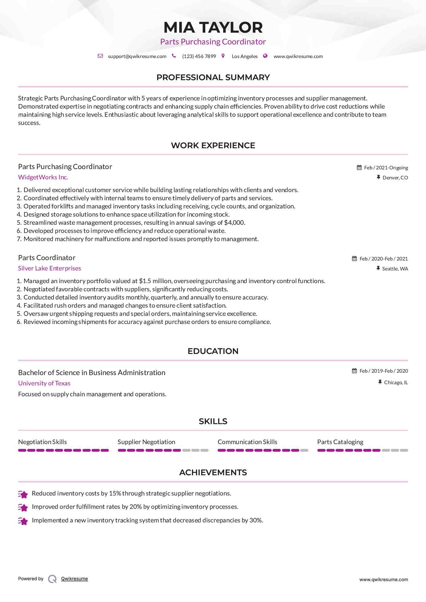 Parts Purchasing Coordinator Resume Sample