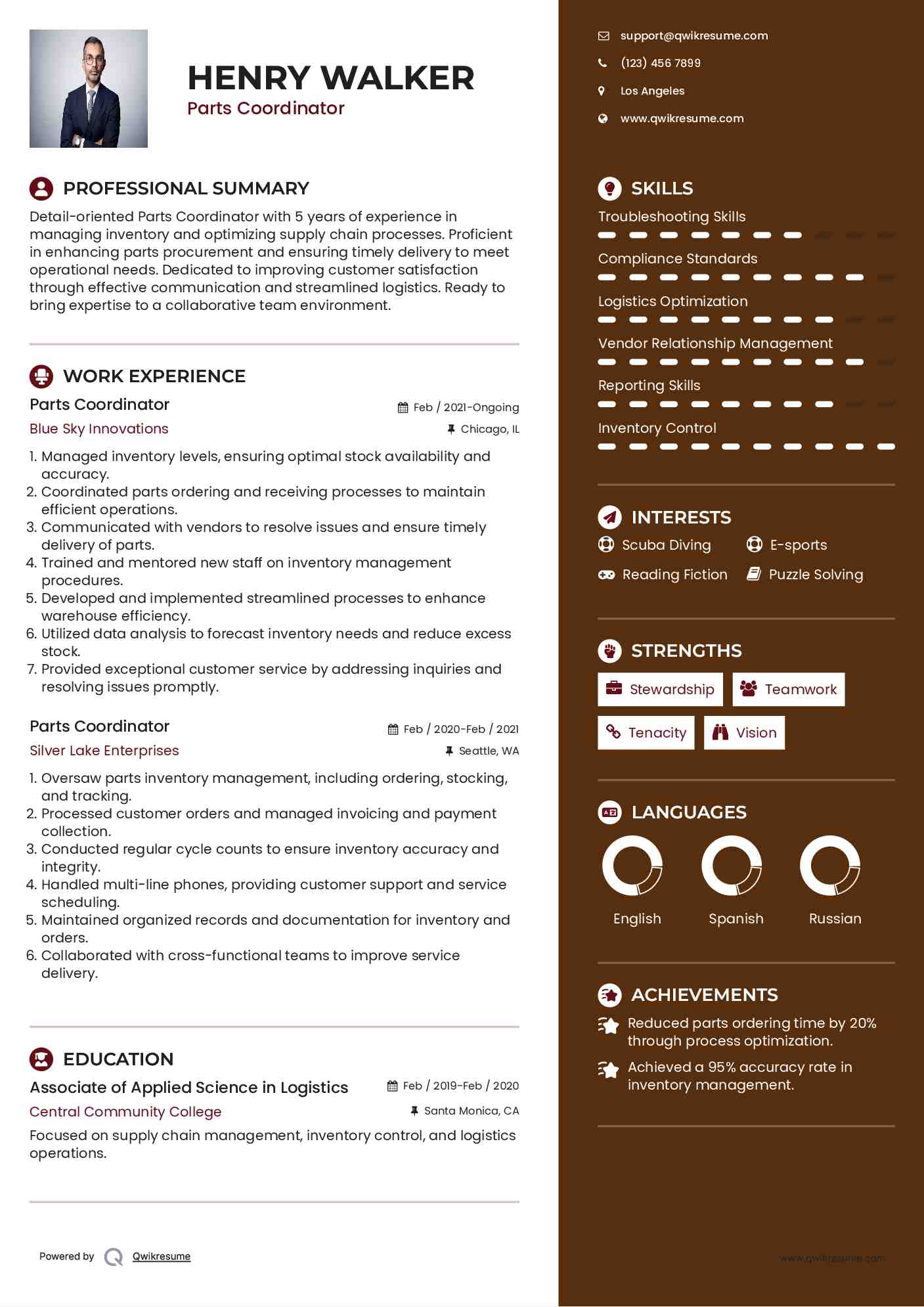 Parts Coordinator Resume Samples QwikResume