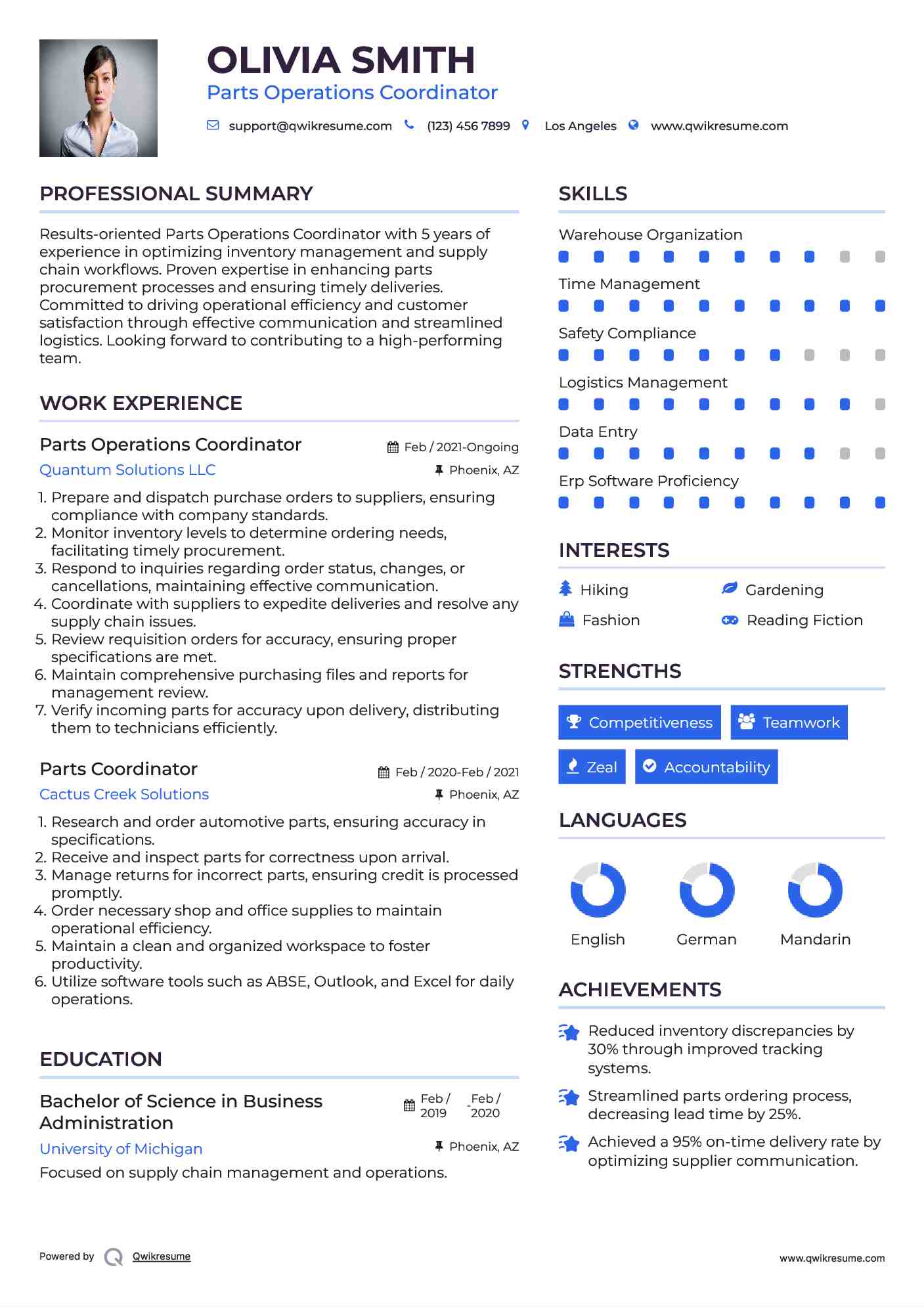 Parts Operations Coordinator Resume Format