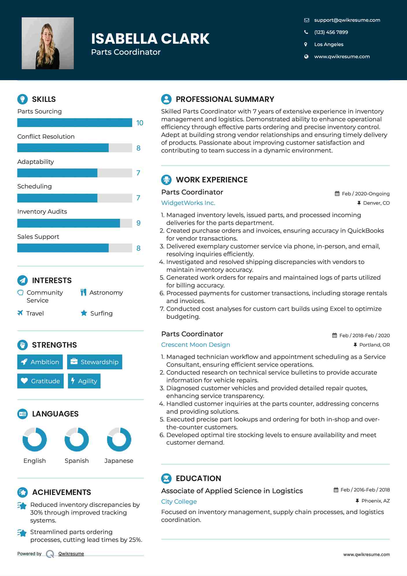 Parts Coordinator Resume Format