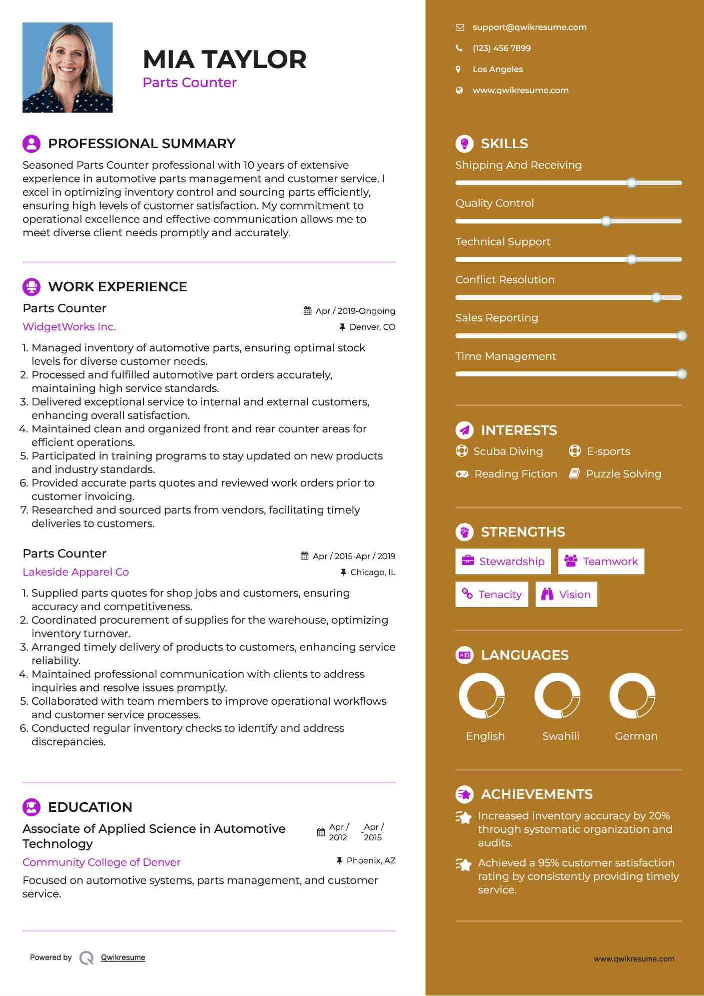 Parts Counter Resume Samples QwikResume