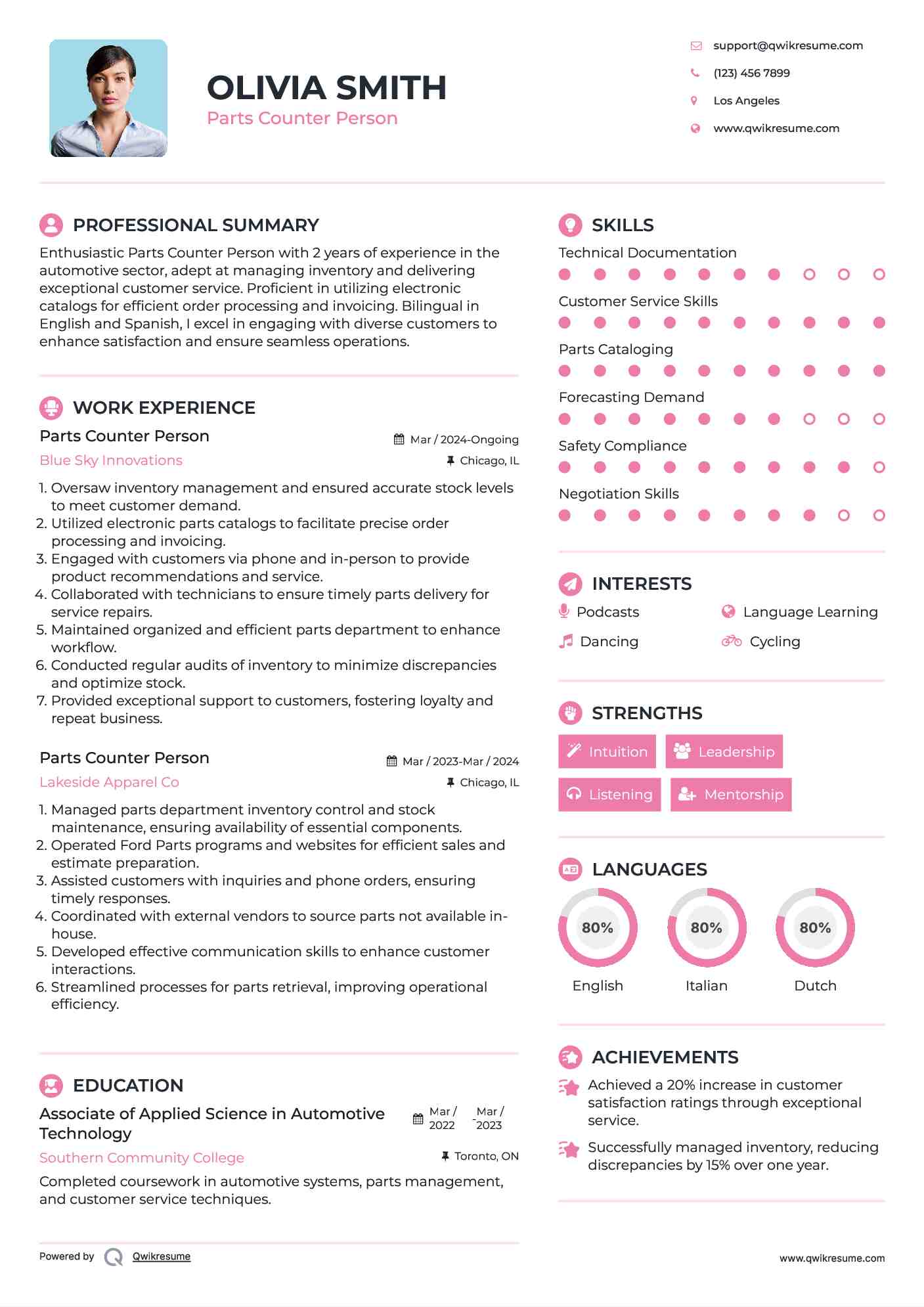 Parts Counter Person Resume Samples QwikResume