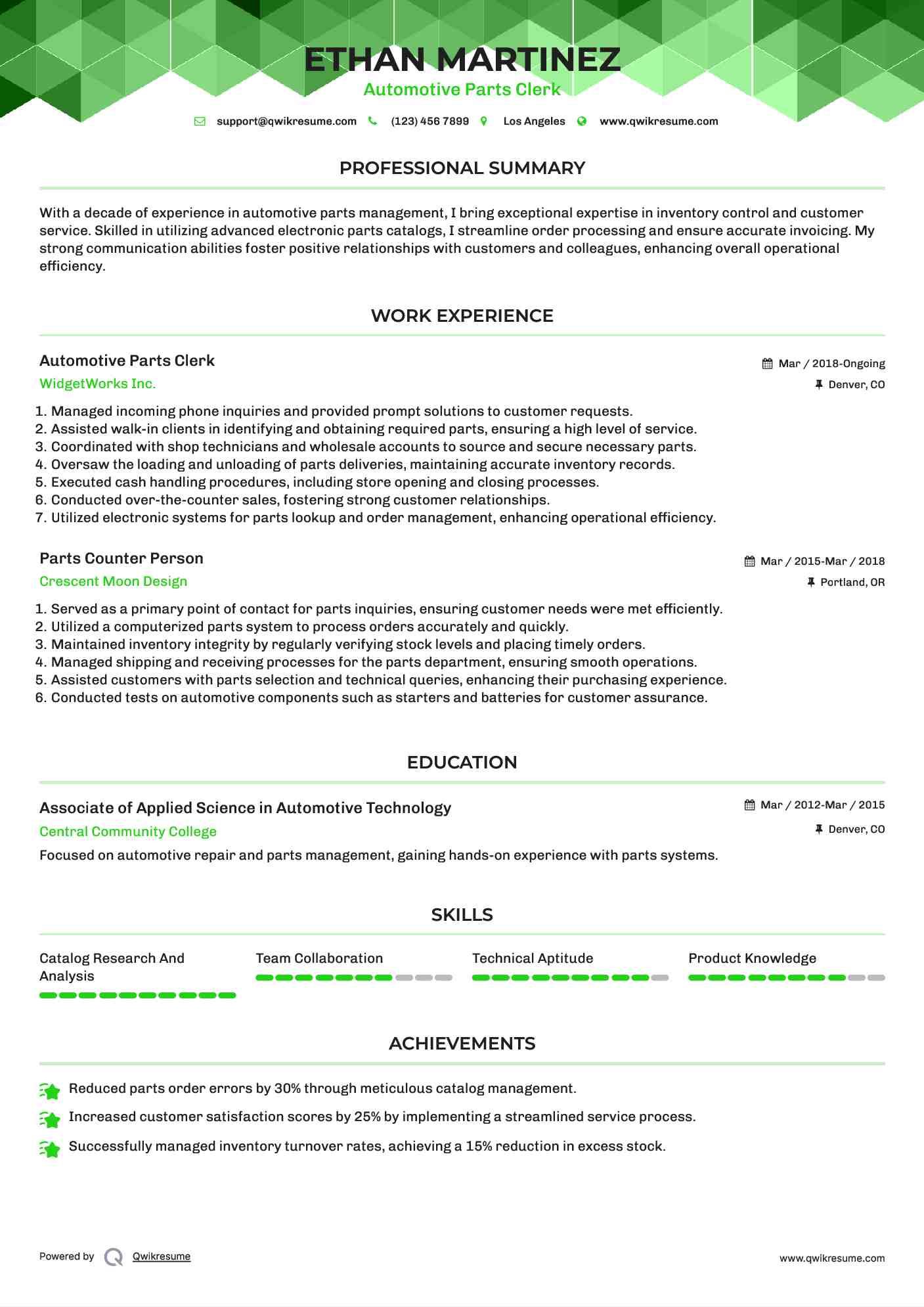 Parts Counter Person Resume Samples QwikResume