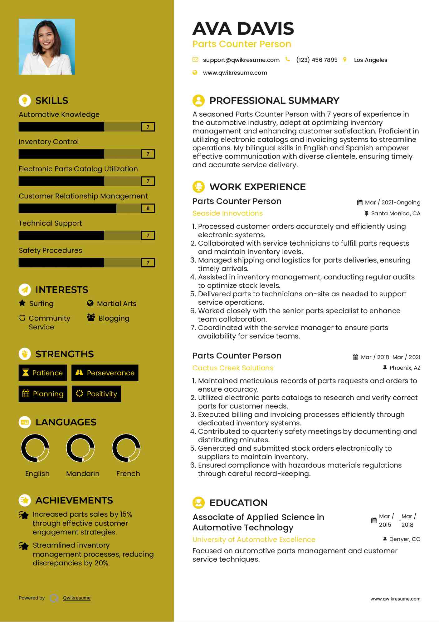Parts Counter Person Resume Samples QwikResume