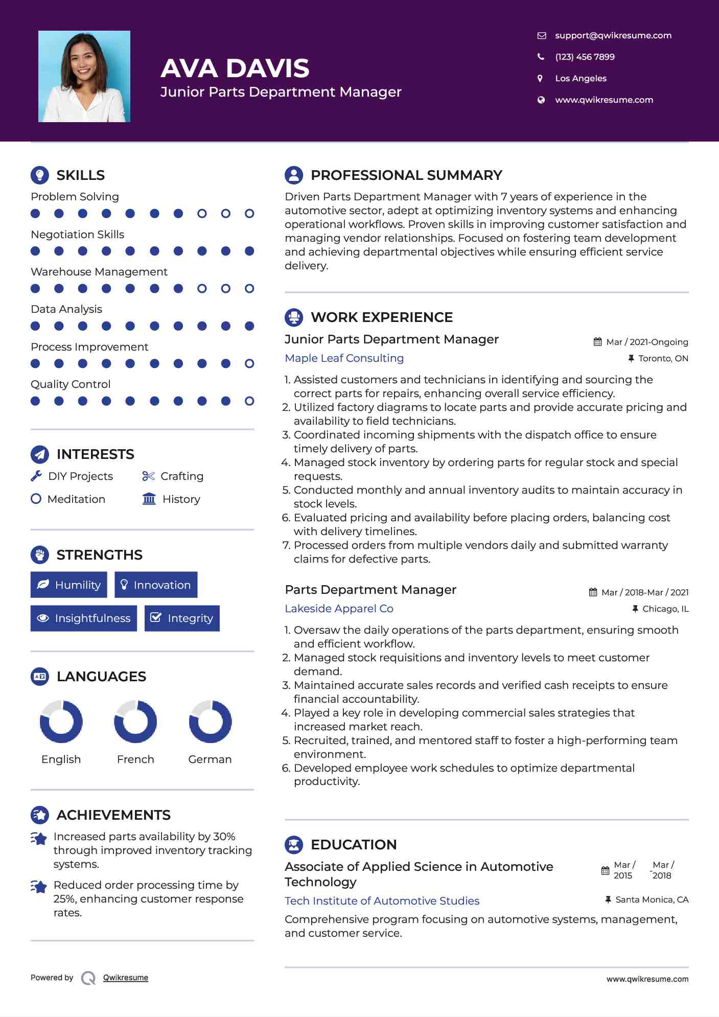 Parts Department Manager Resume Samples QwikResume