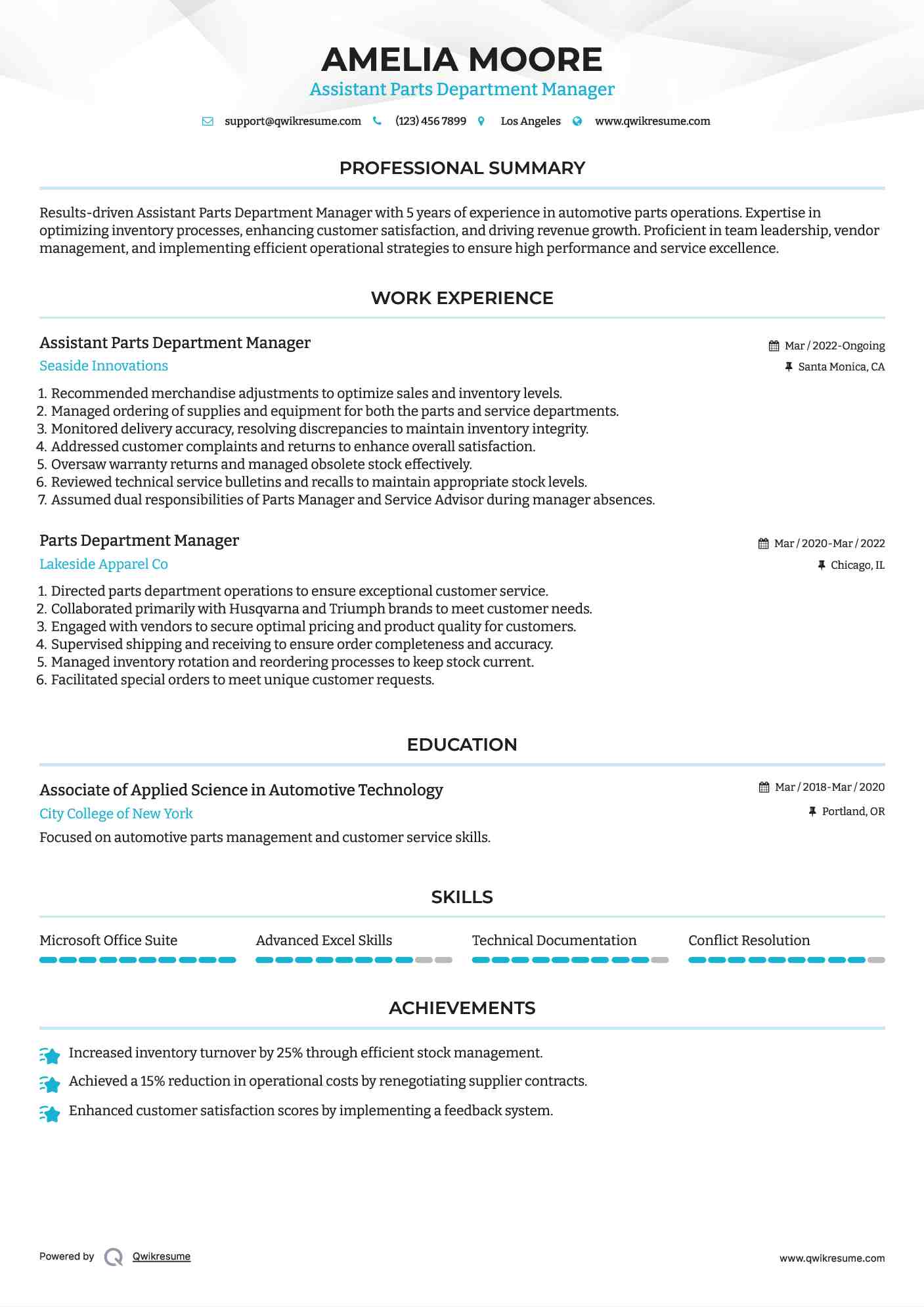 Parts Department Manager Resume Samples QwikResume