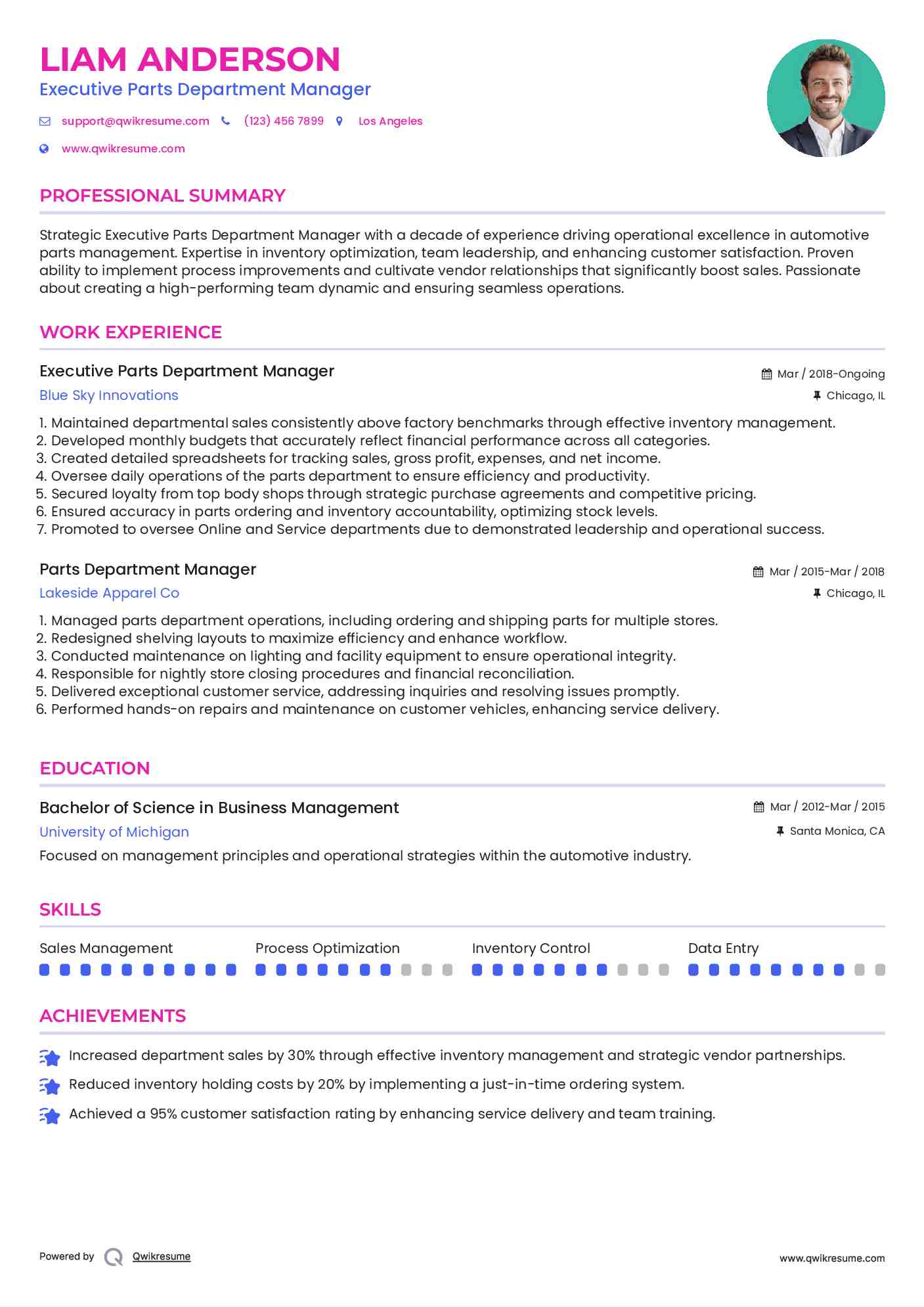 Parts Department Manager Resume Samples QwikResume