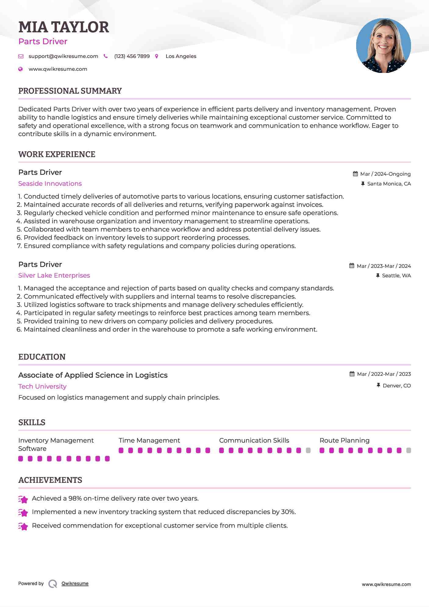 Parts Driver Resume Example