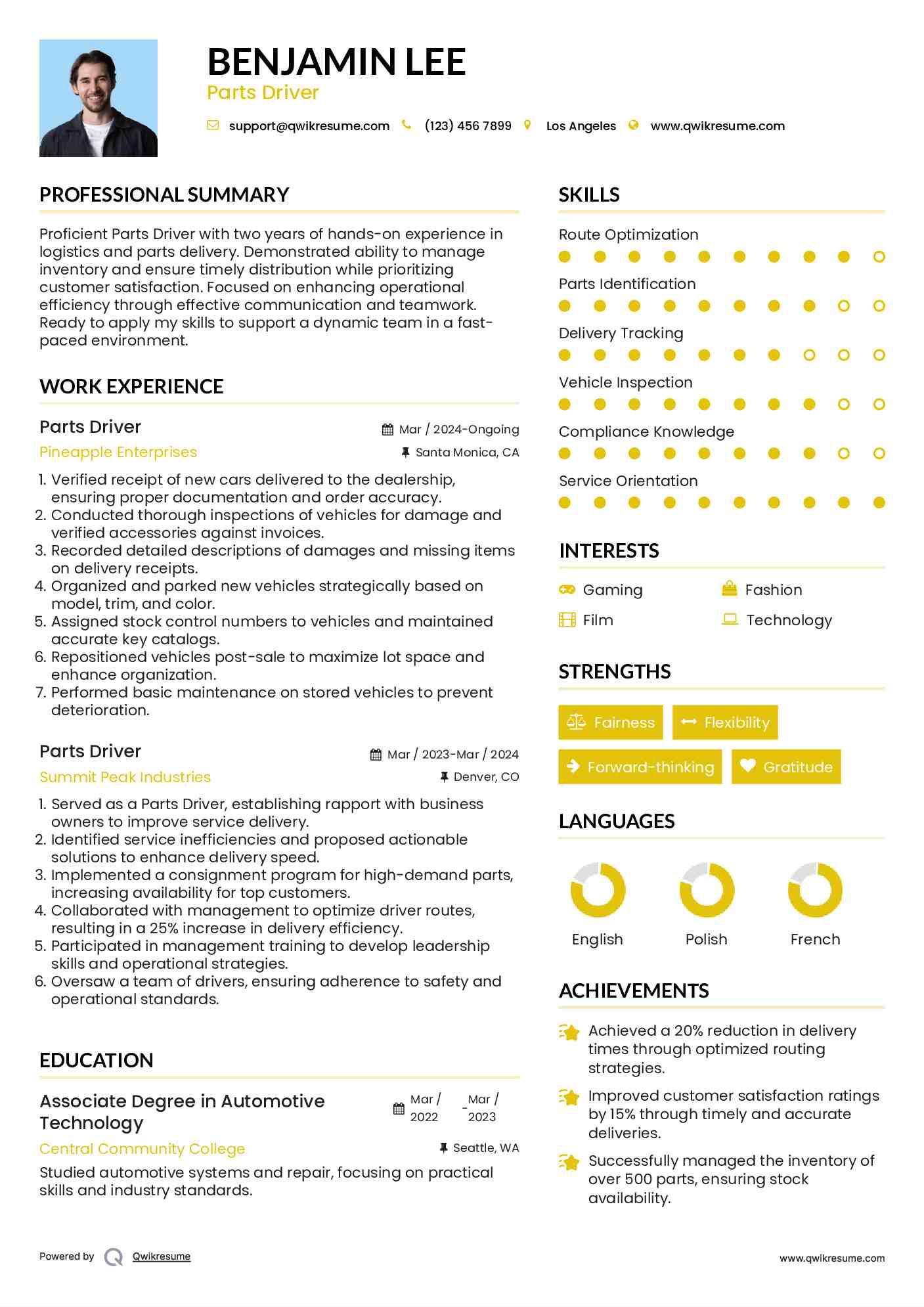 Parts Driver Resume Sample