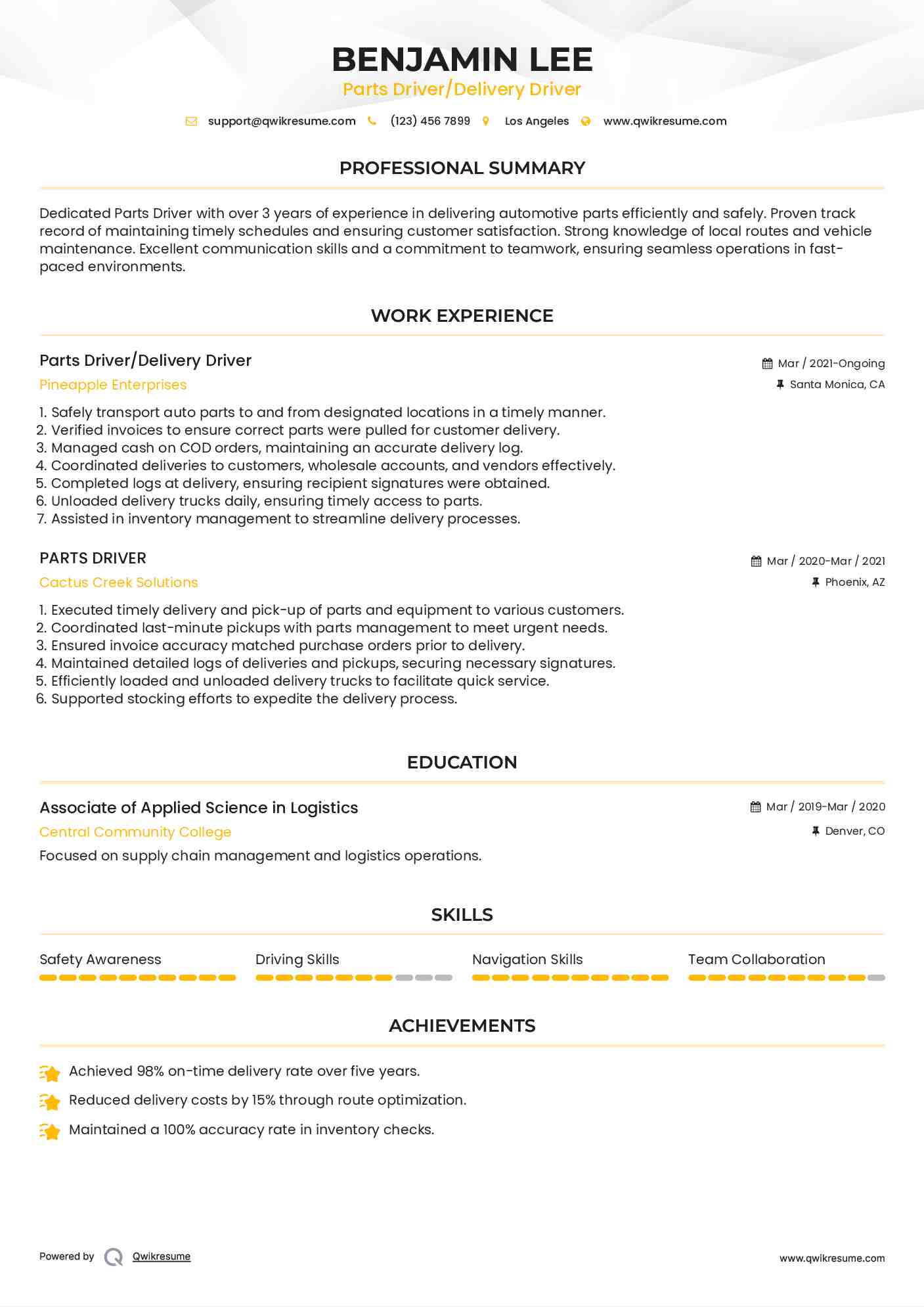 Parts Driver/Delivery Driver Resume Example