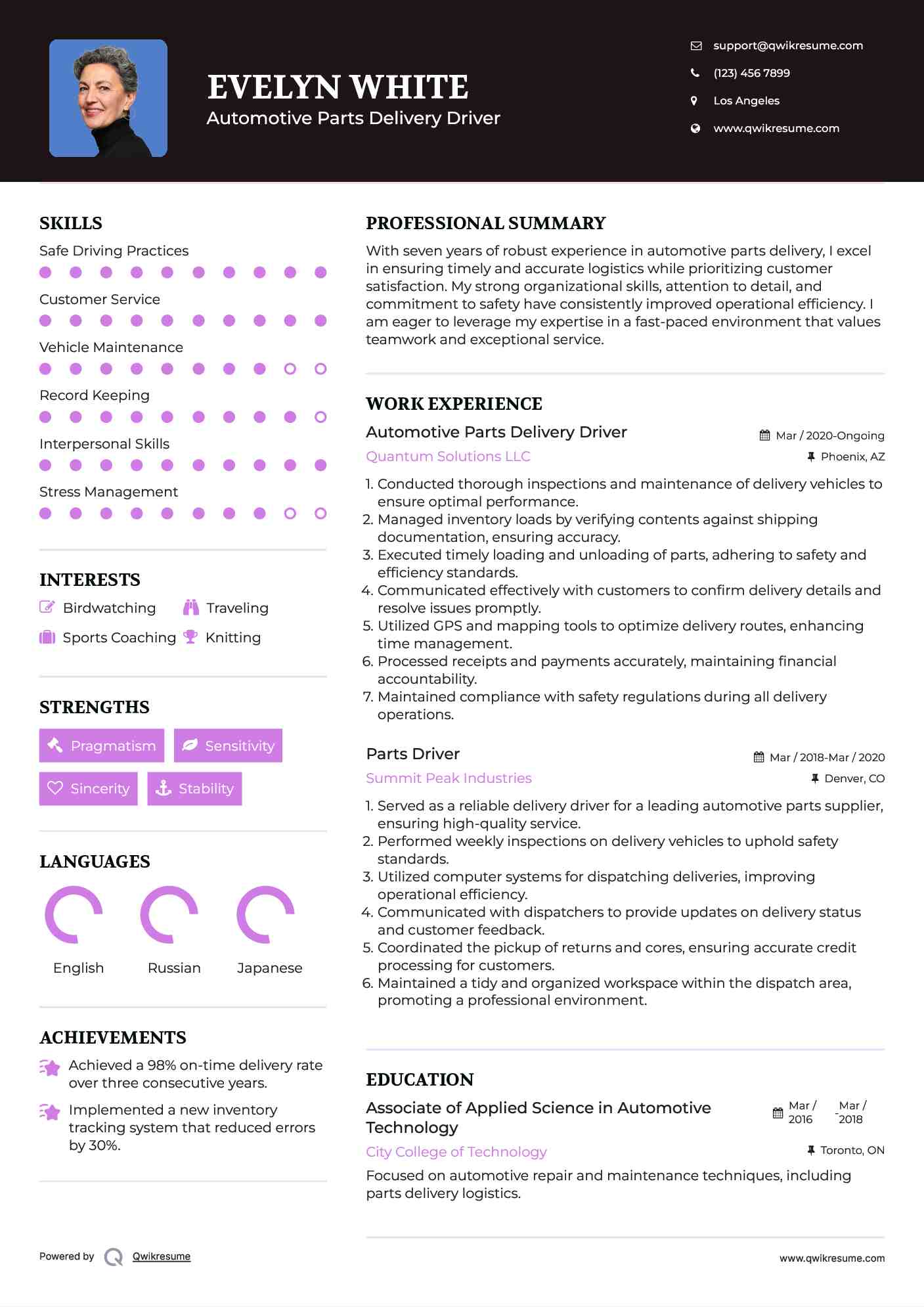 Automotive Parts Delivery Driver Resume Example