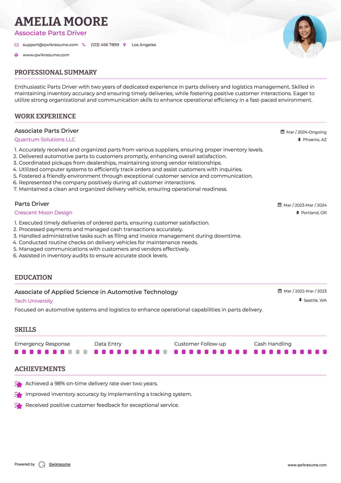 Associate Parts Driver Resume Template