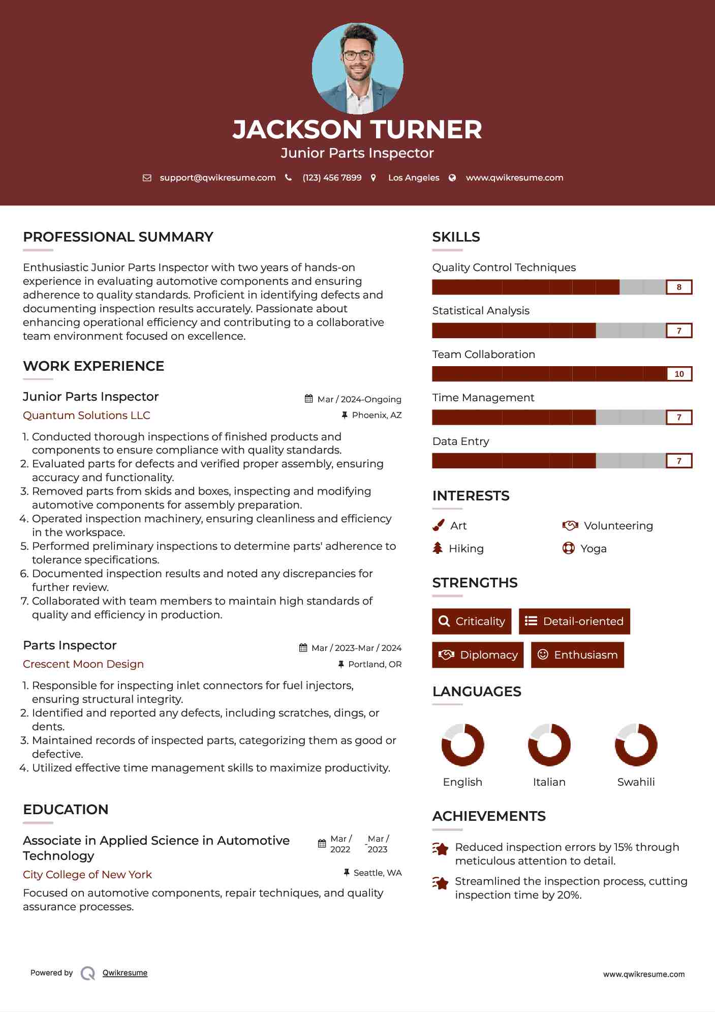 Junior Parts Inspector Resume Format