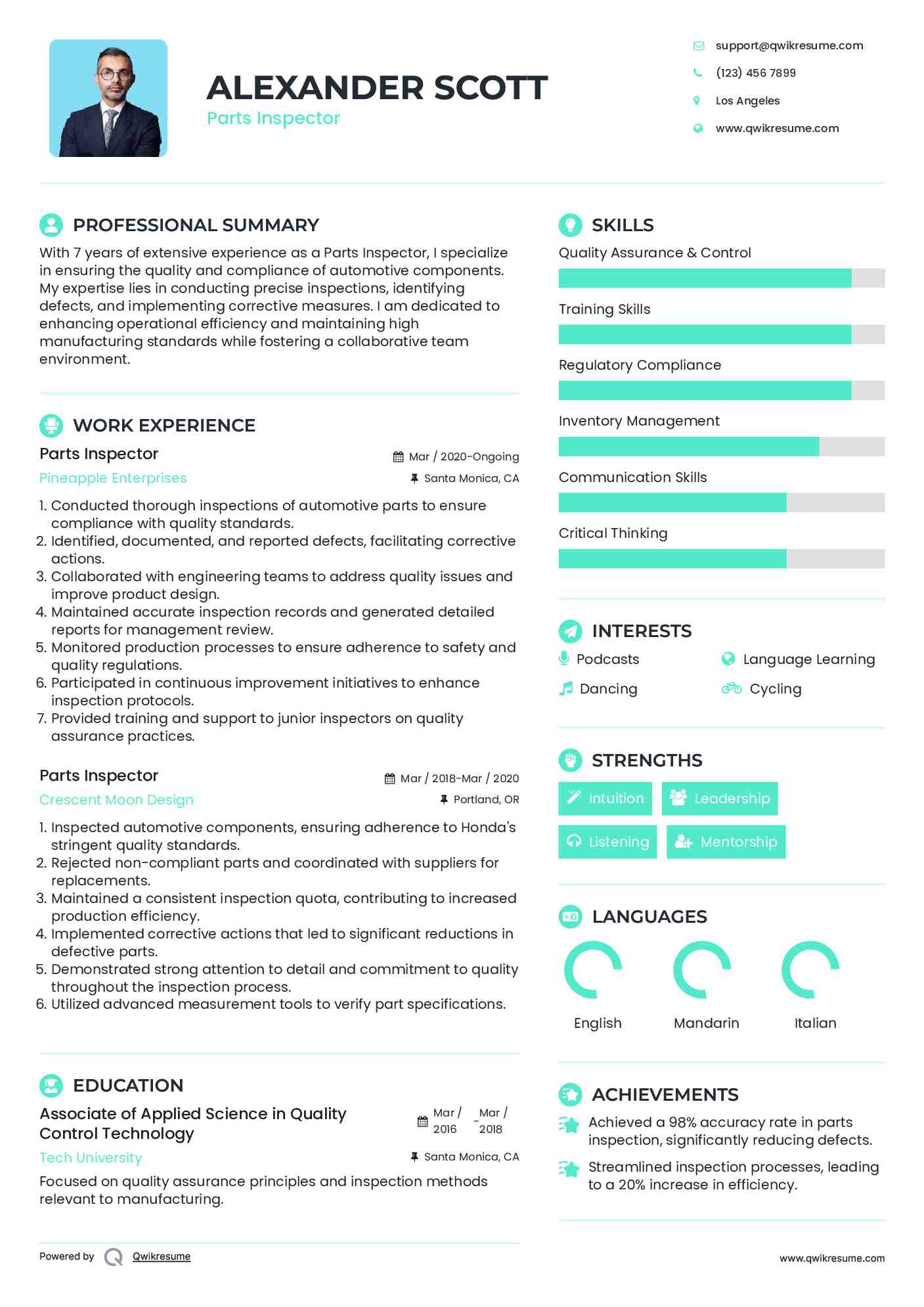 Parts Inspector Resume Format