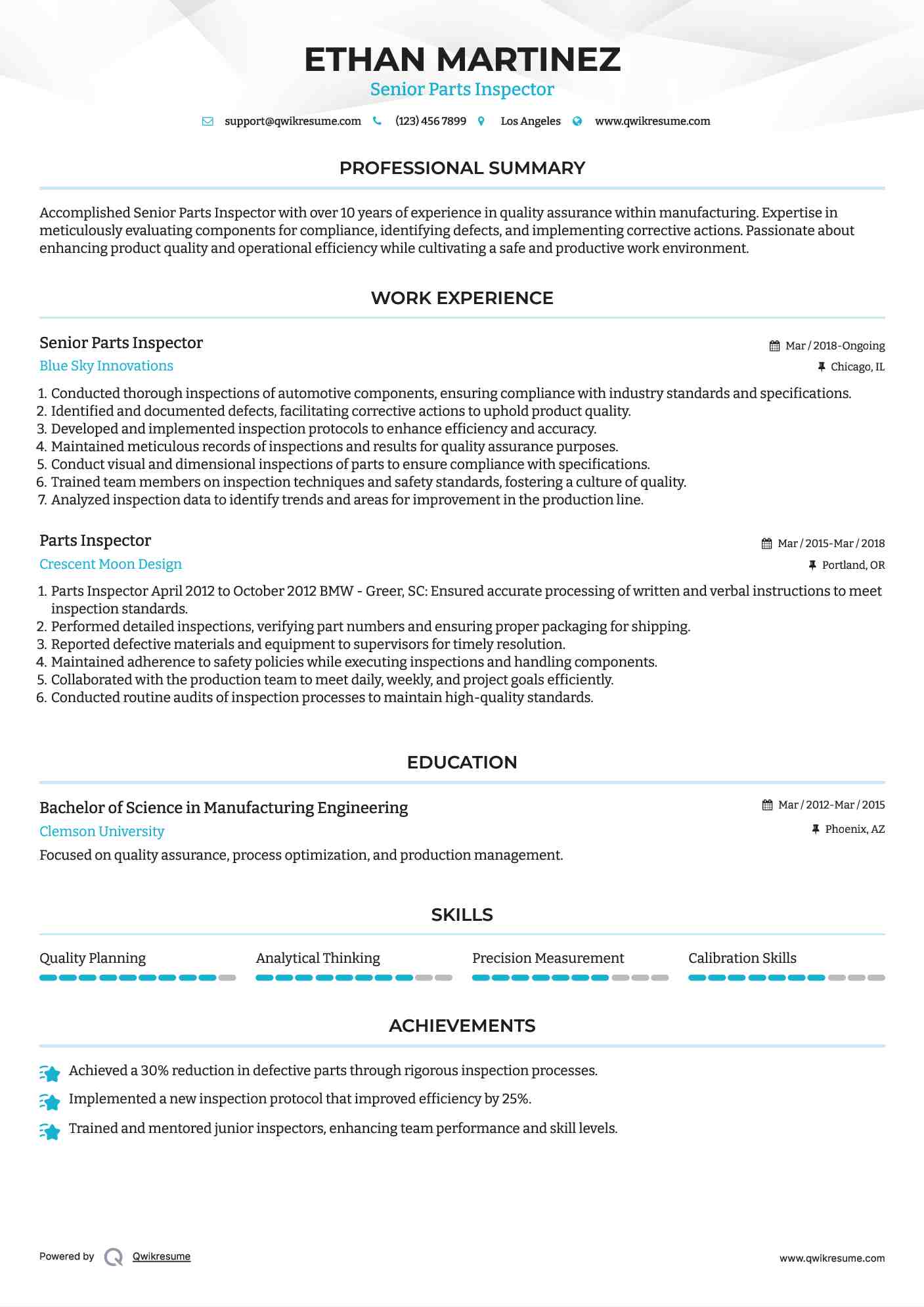 Senior Parts Inspector Resume Format