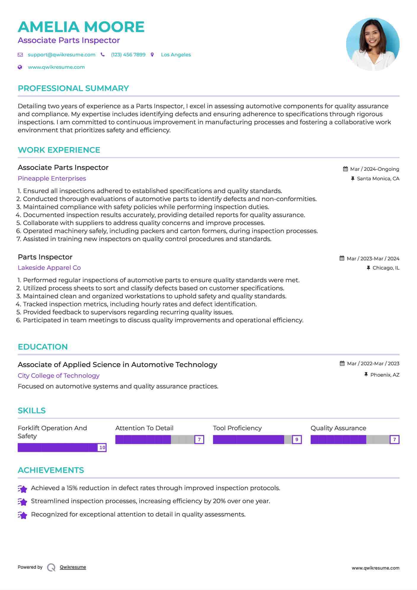Associate Parts Inspector Resume Sample