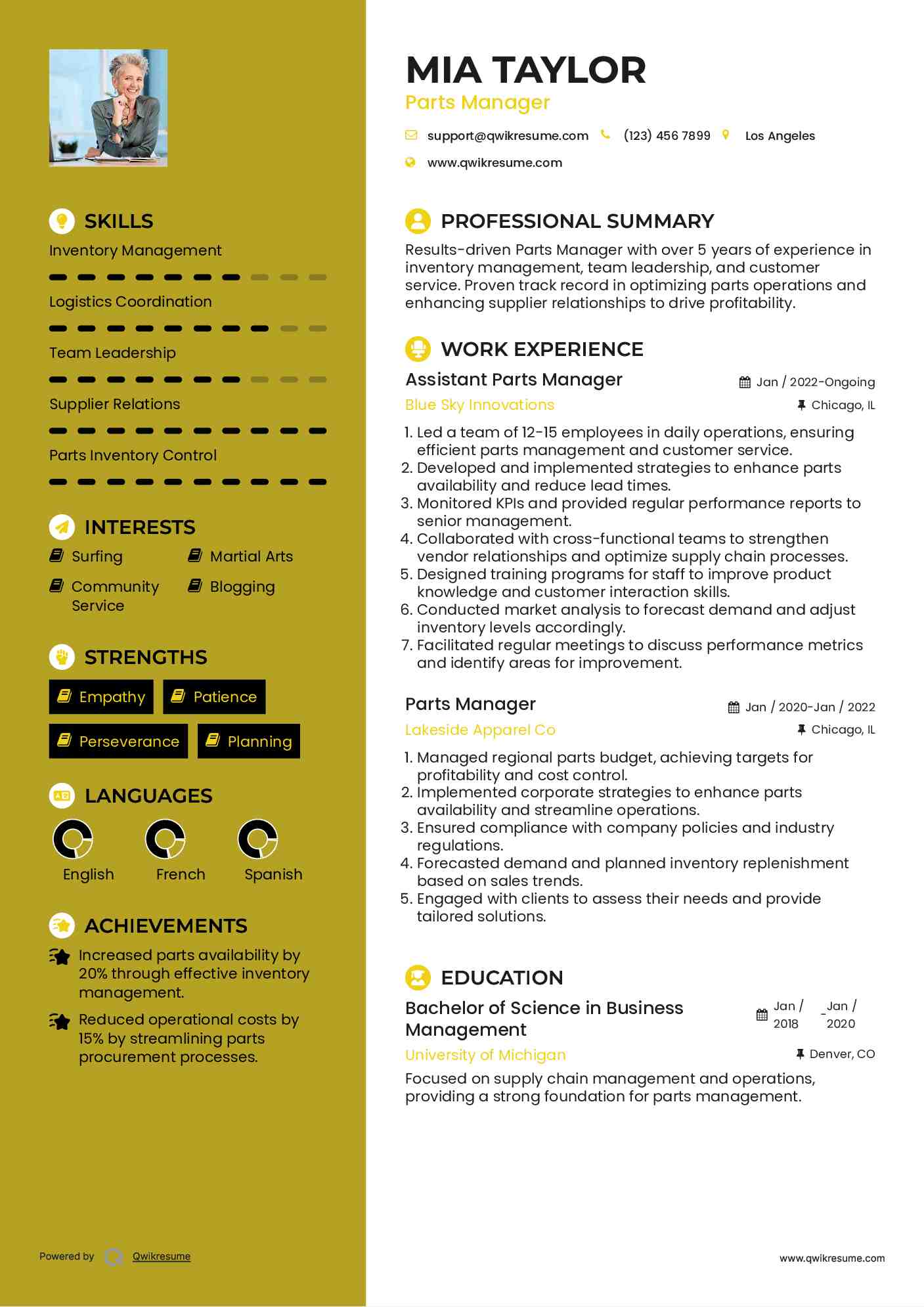 Parts Manager Resume Samples QwikResume