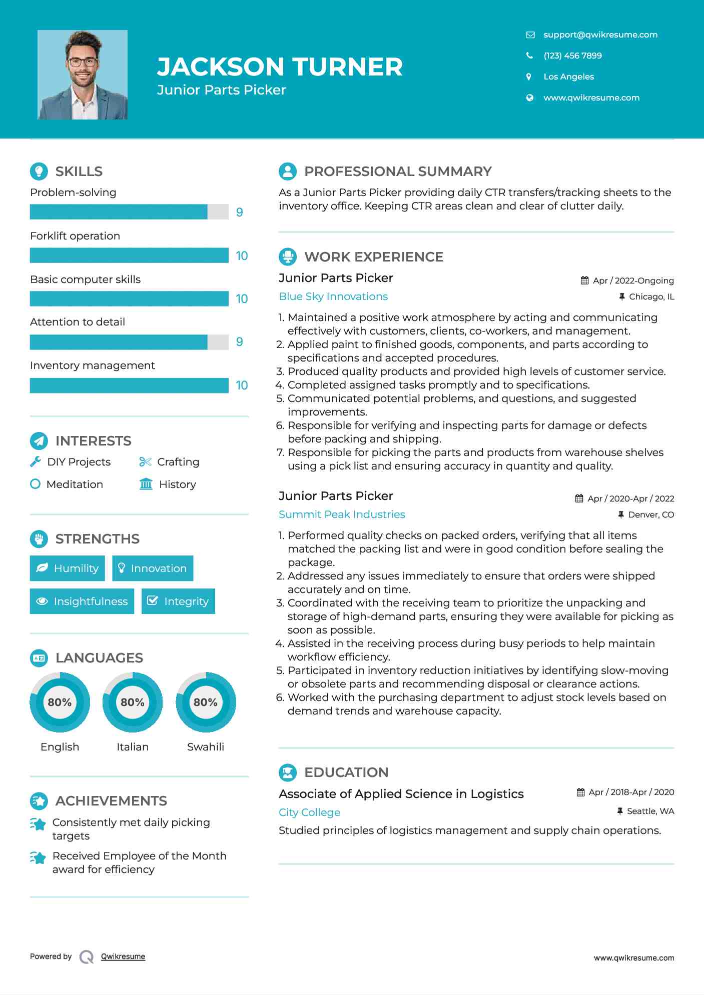 Junior Parts Picker Resume Example