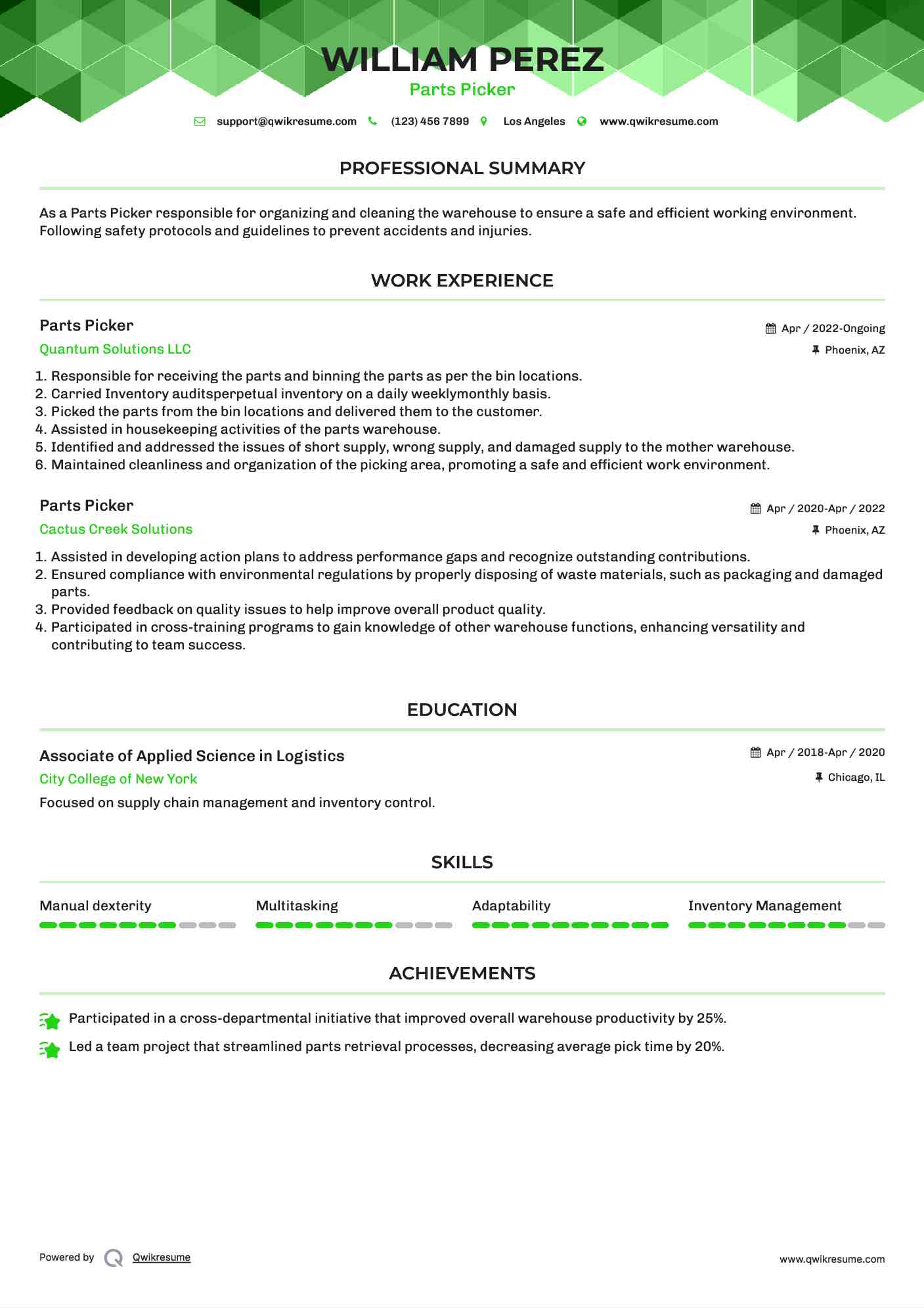 Parts Picker Resume Sample