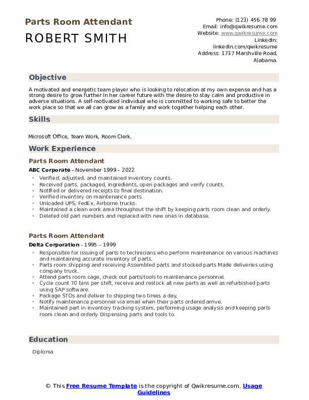 Parts Room Attendant Resume Samples QwikResume