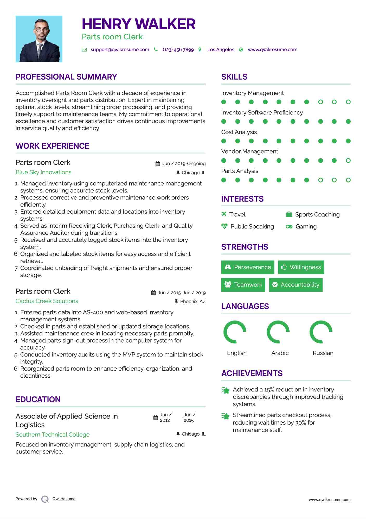 Parts room Clerk Resume Example