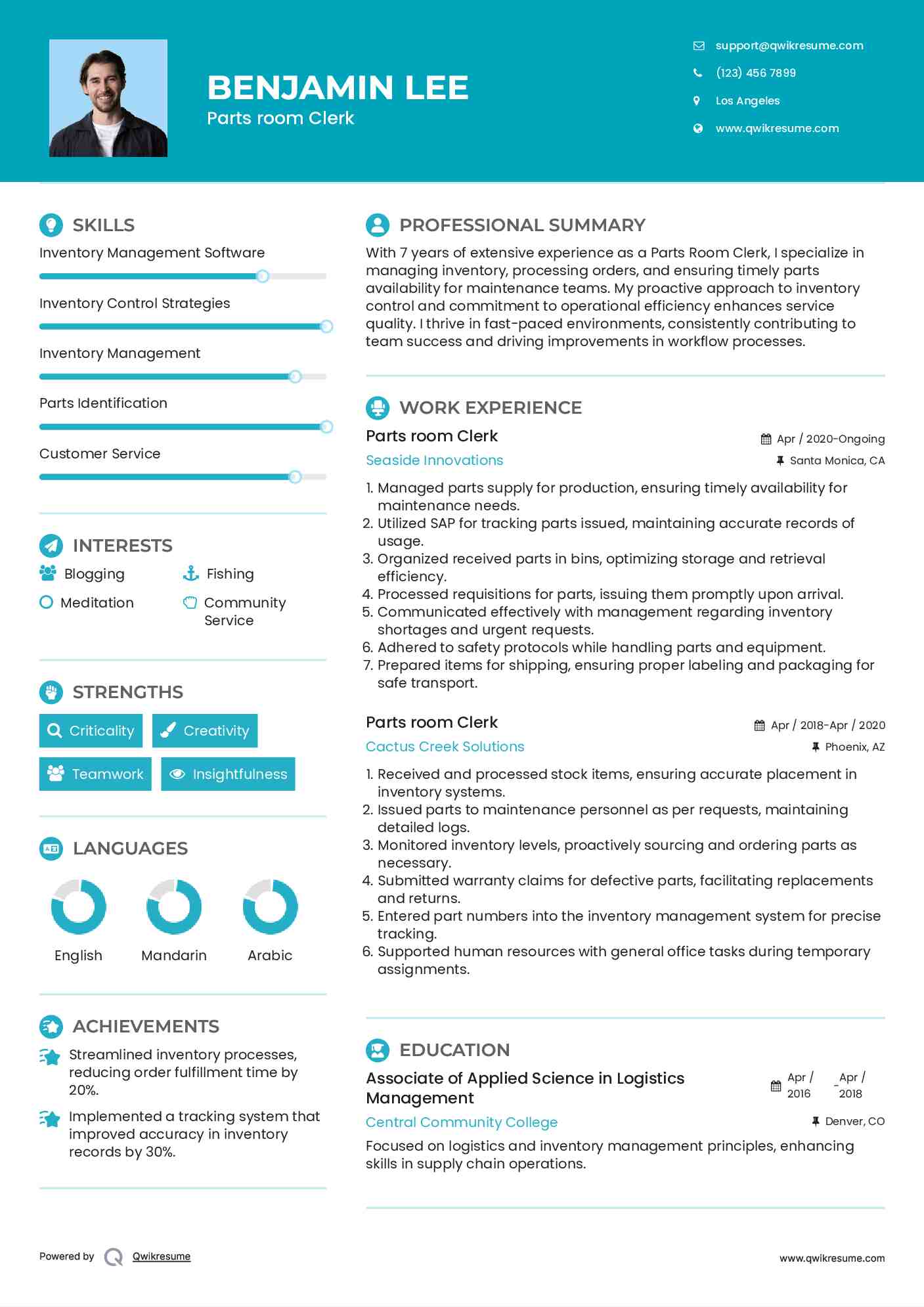 Parts room Clerk Resume Format