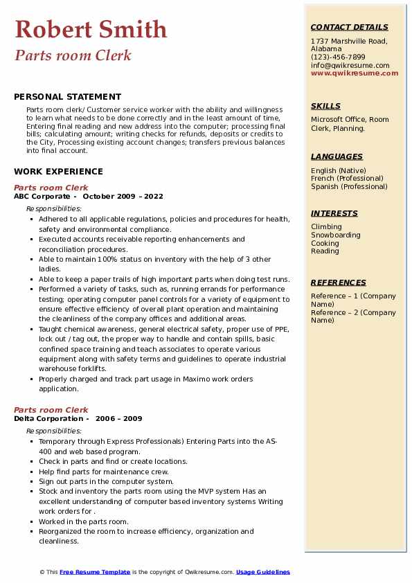 Parts room Clerk Resume Samples QwikResume