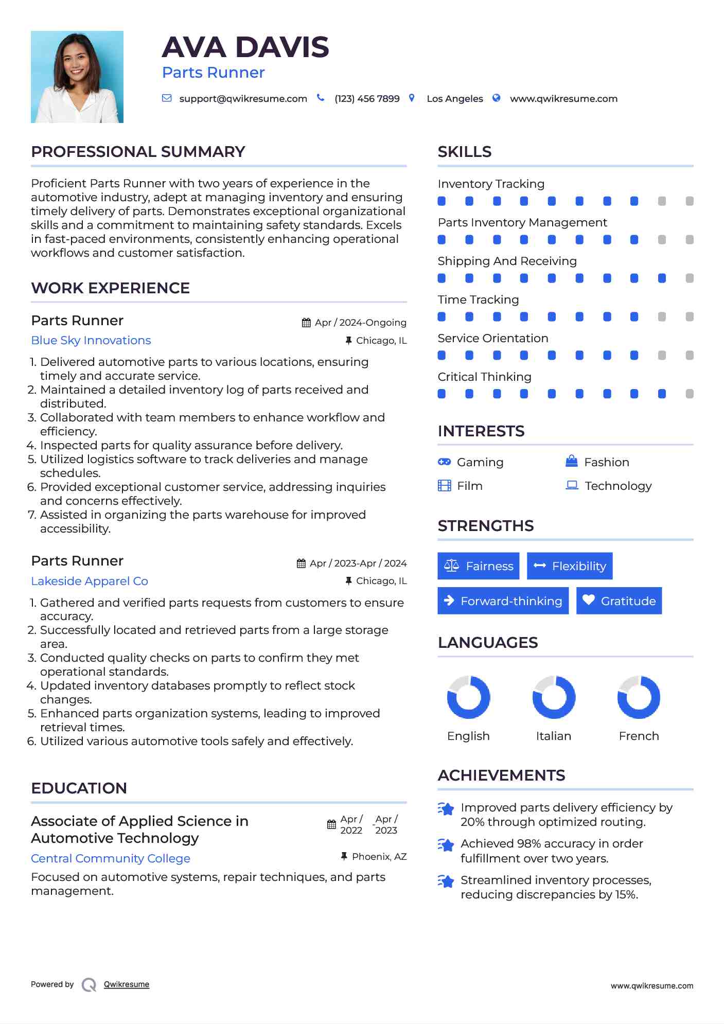 Parts Runner Resume Format