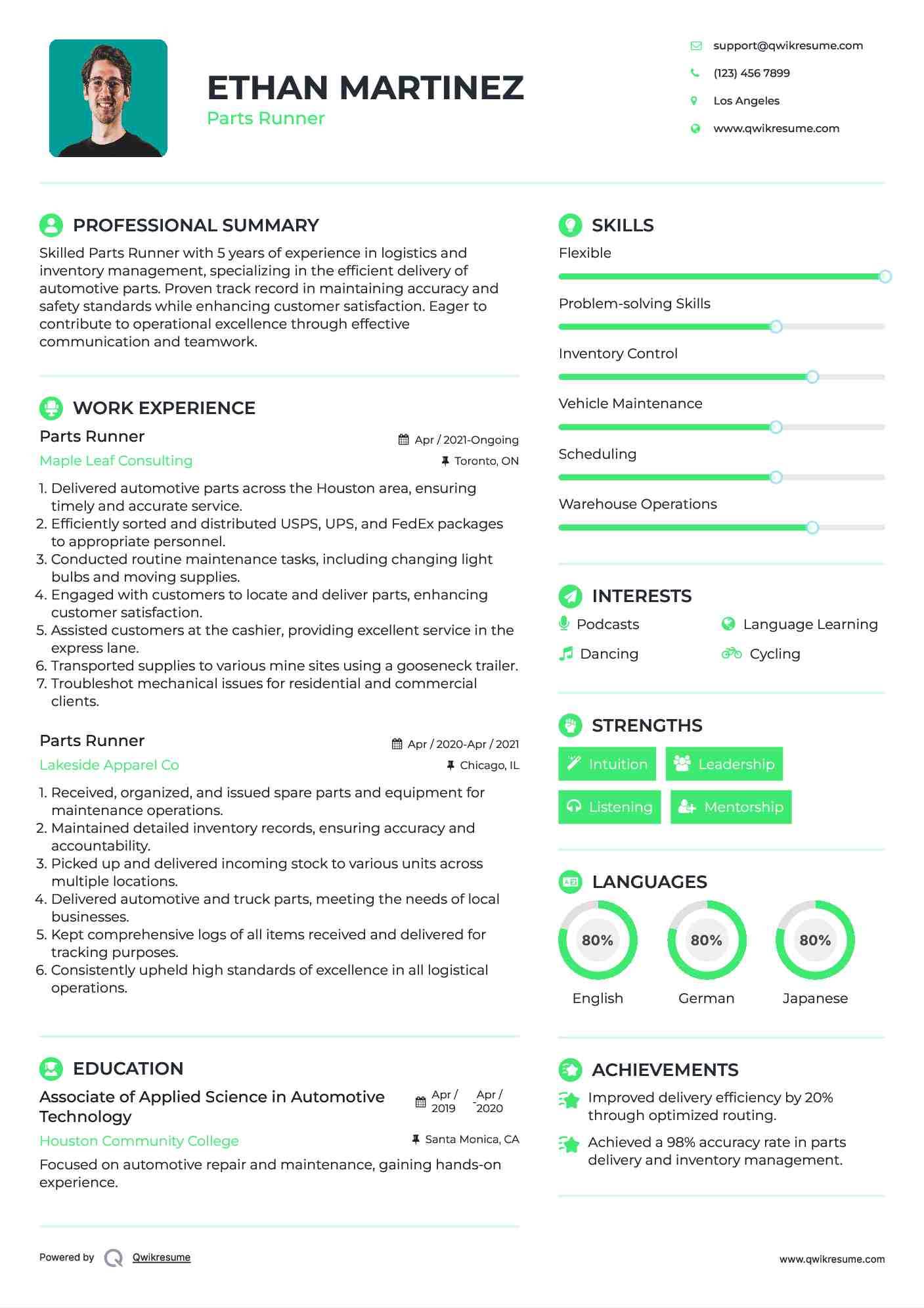 Parts Runner Resume Samples QwikResume