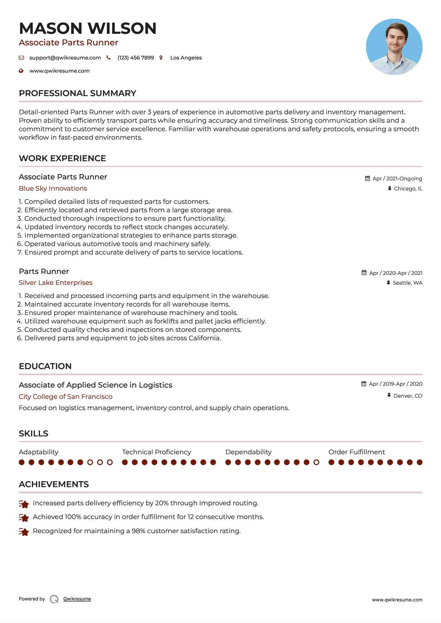 Associate Parts Runner
 Resume Example