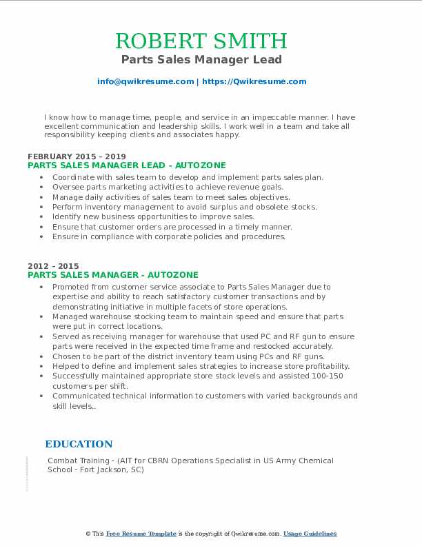 Parts Sales Manager Resume Samples QwikResume