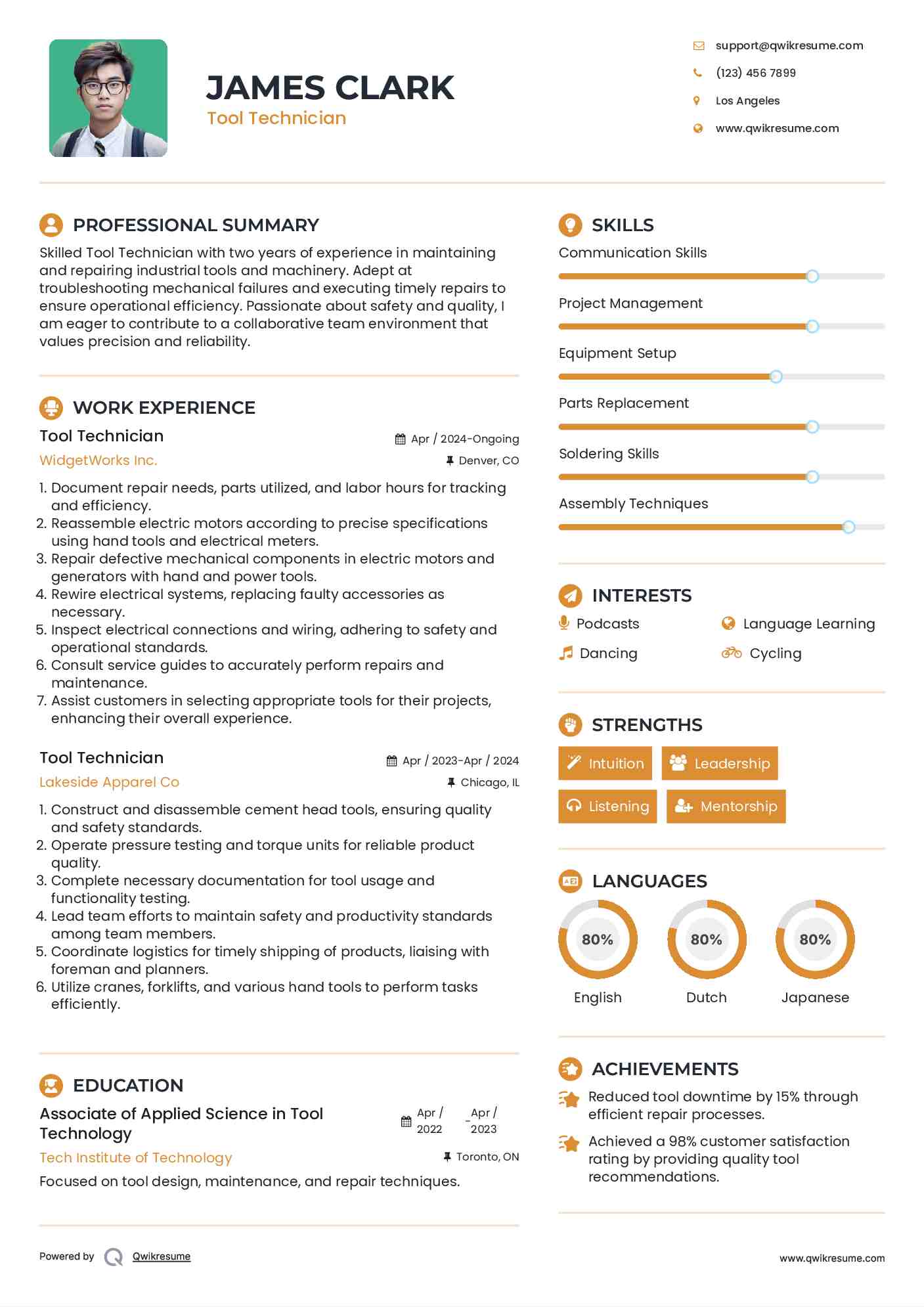 Tool Technician Resume Model