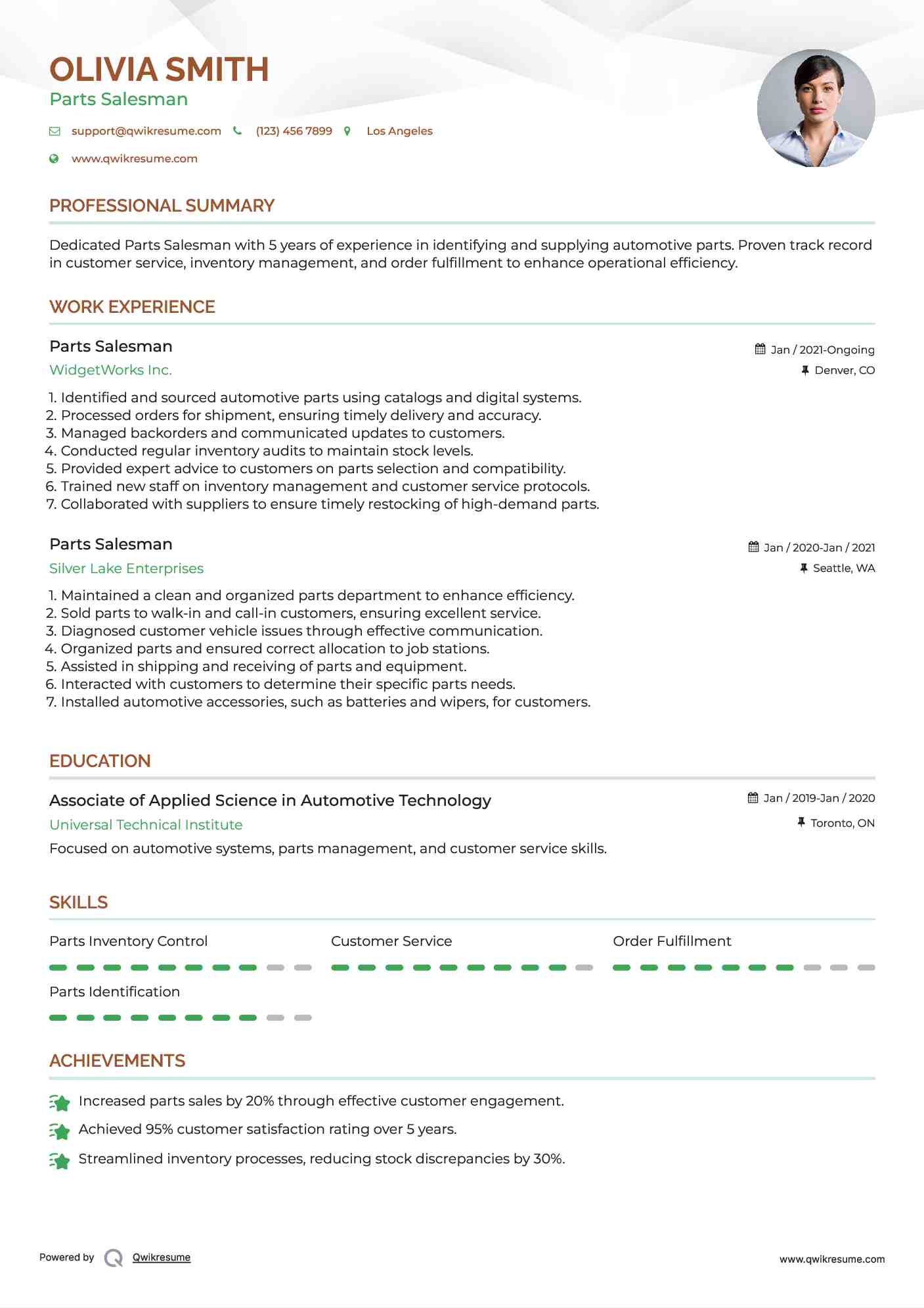 Parts Salesman Resume Model