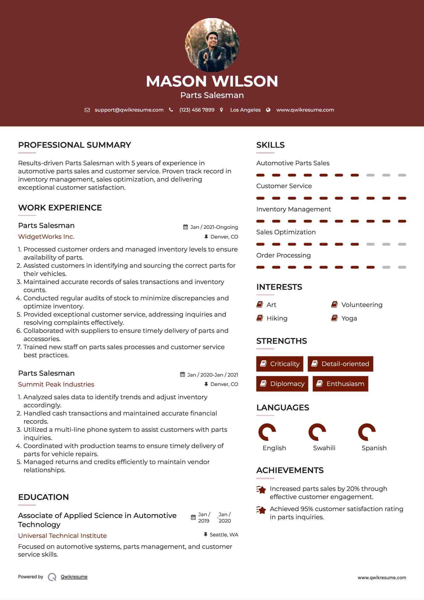 Parts Salesman Resume Sample