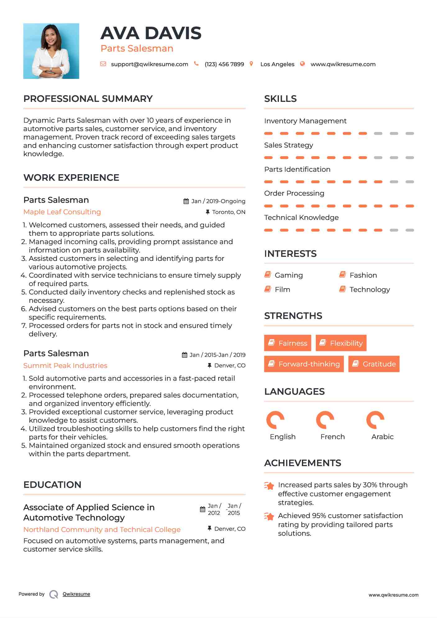 Parts Salesman Resume Format