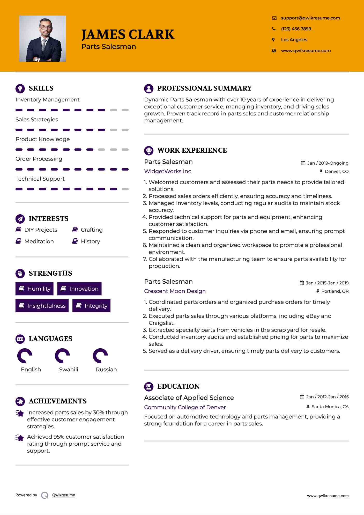 Parts Salesman Resume Example