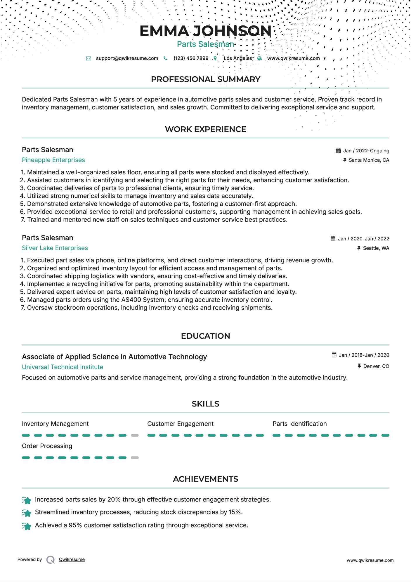 Parts Salesman Resume Template