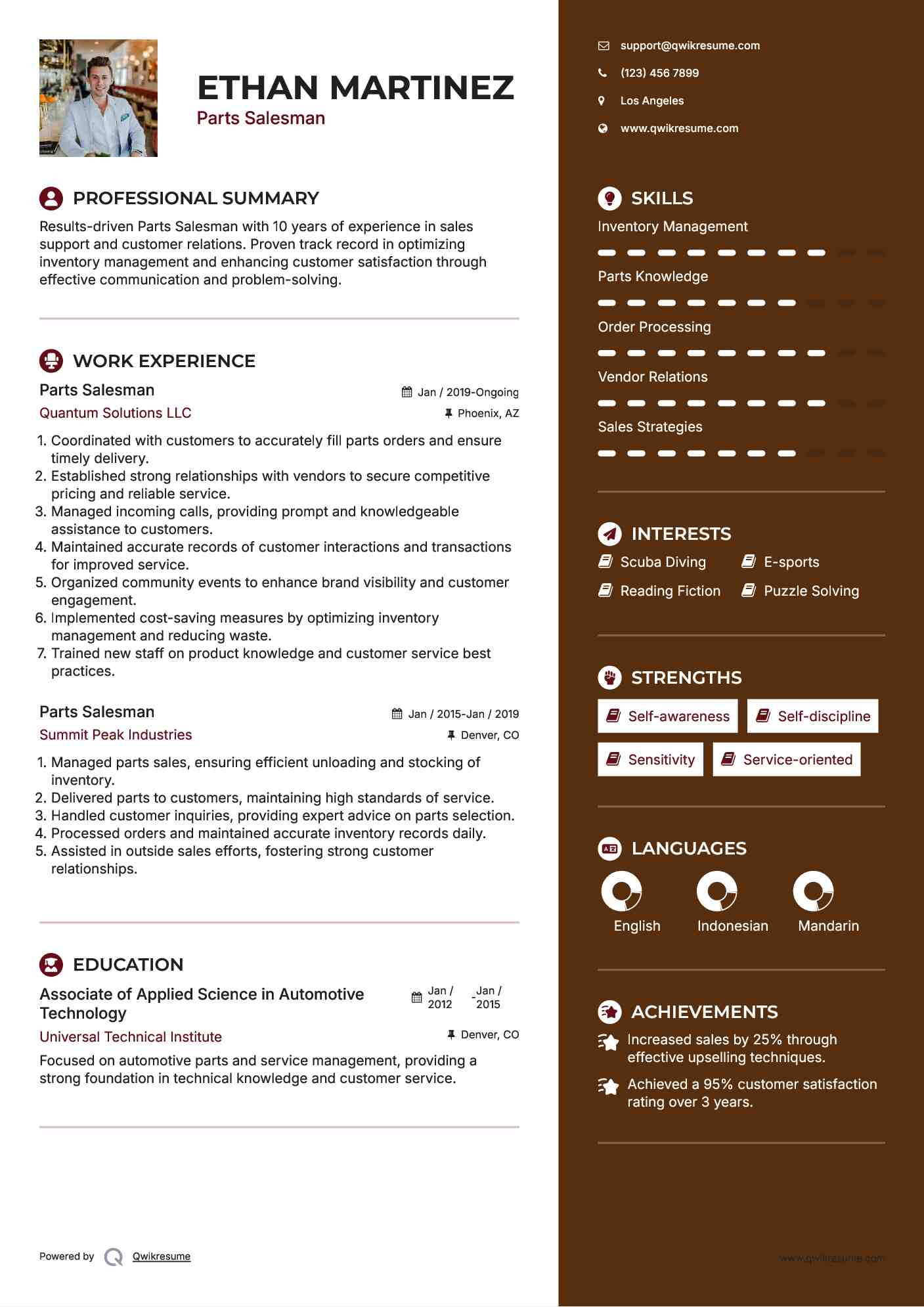 Parts Salesman Resume Format