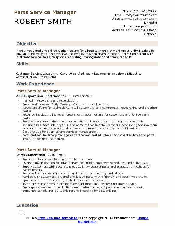 Parts Service Manager Resume Samples QwikResume