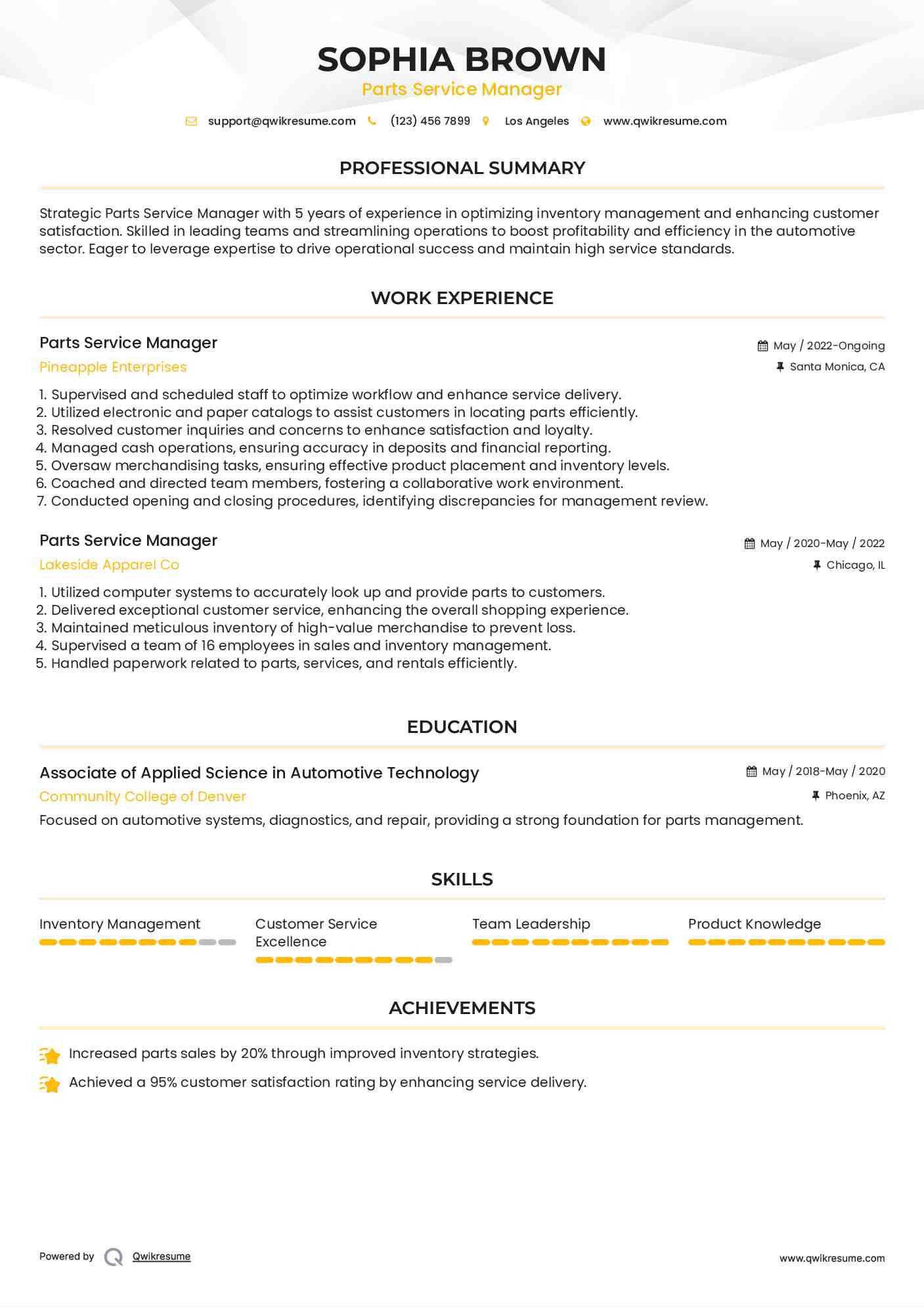 Parts Service Manager Resume Template