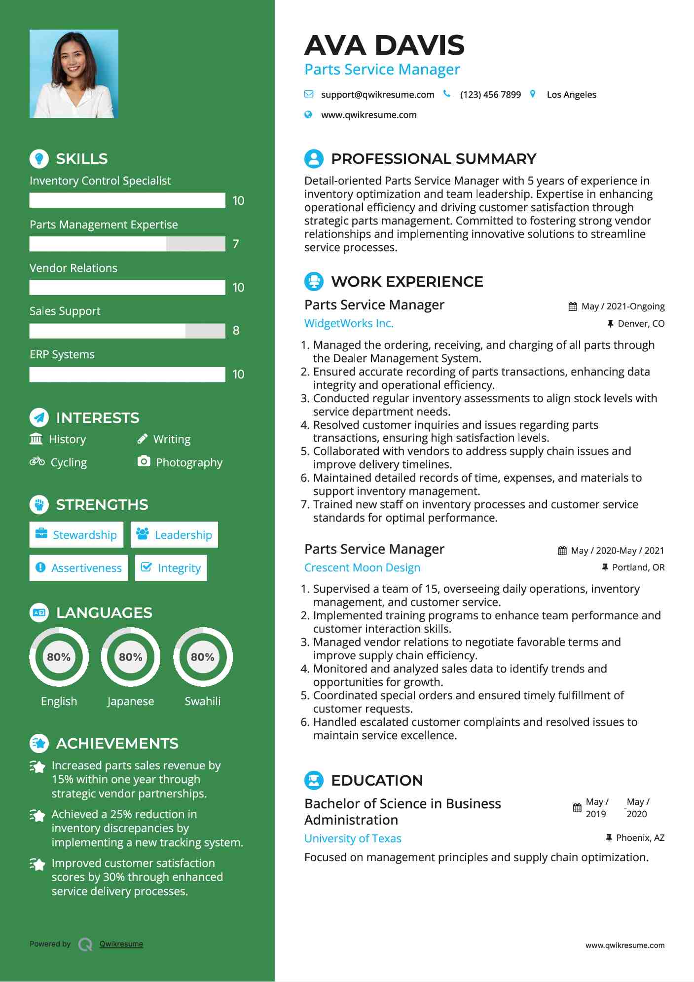 Parts Service Manager Resume Model