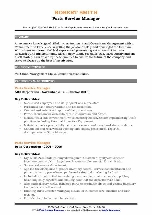 Parts Service Manager Resume Samples QwikResume