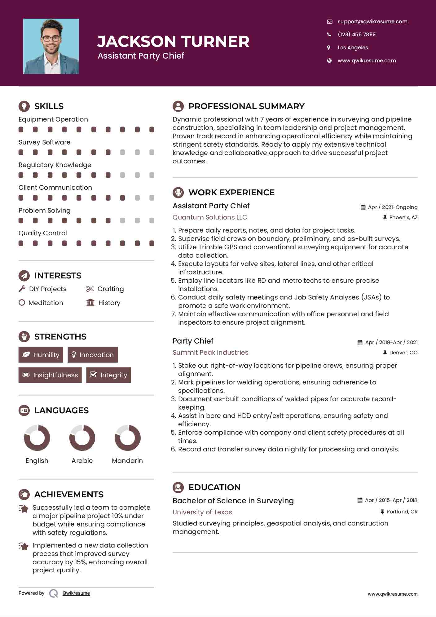 Assistant Party Chief Resume Format
